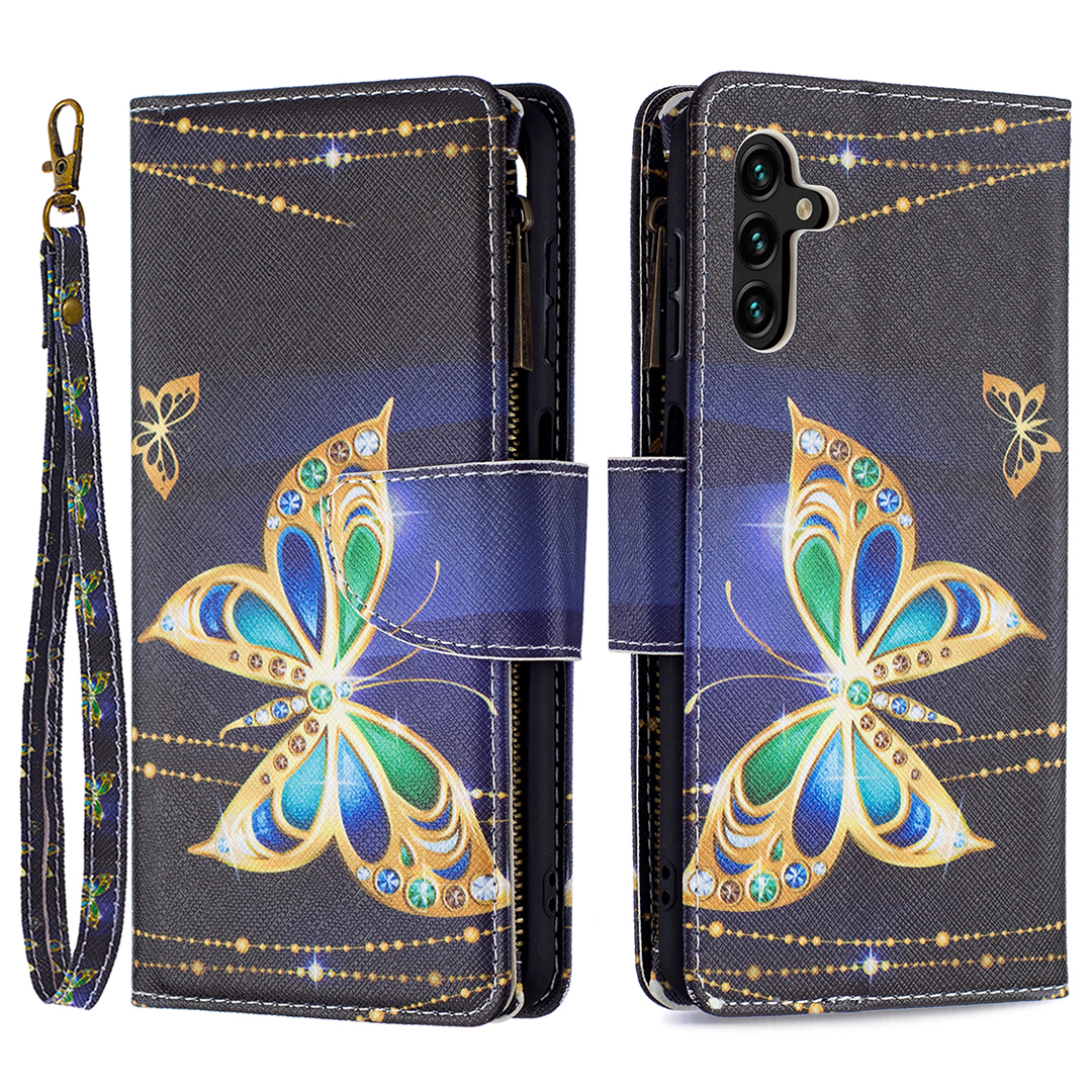 

BF03 Stand Pattern Printing PU Leather Cover Magnetic Flip Zipper Wallet Phone Case with Strap for Samsung Galaxy A13 5G / A04s 4G (164.7 x 76.7 x 9.1 mm) - Jewelled Butterfly, Galaxy A13 5G