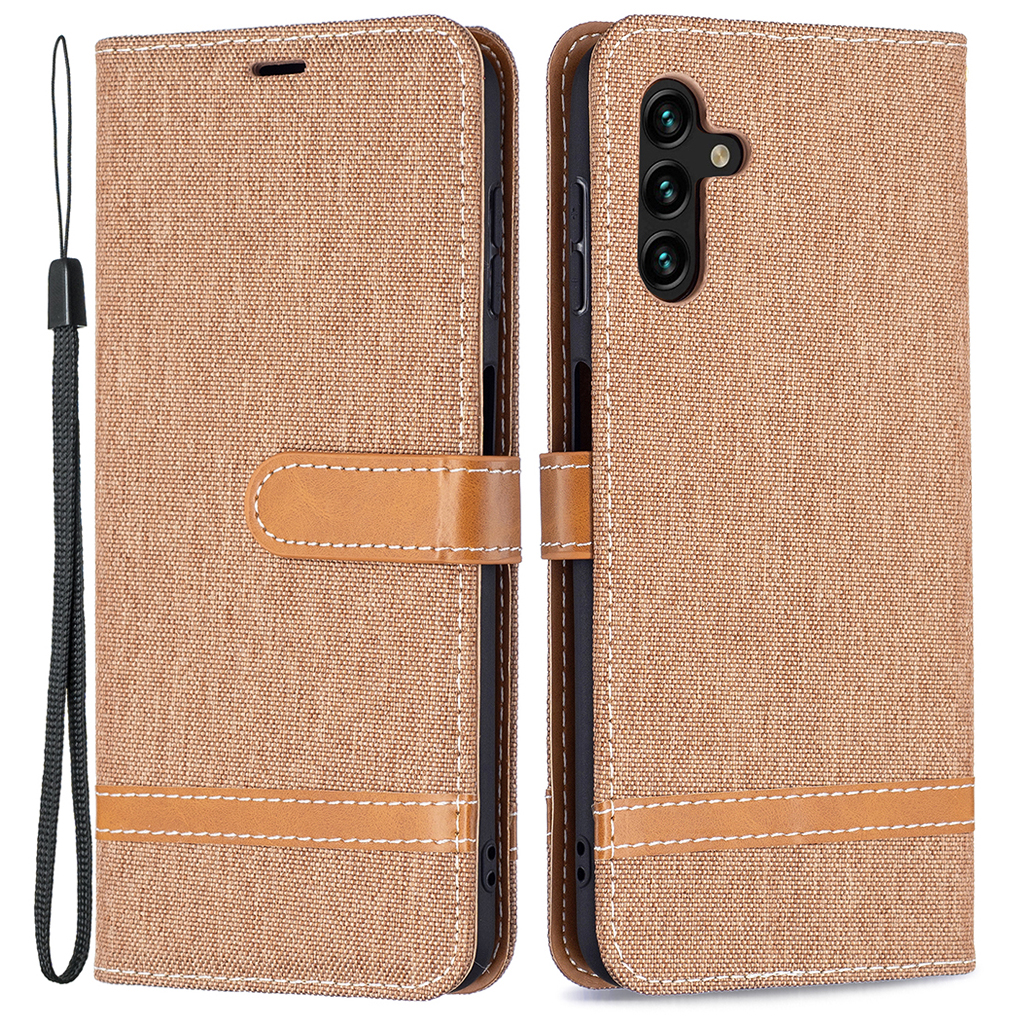 

For Samsung Galaxy A13 5G / A04s 4G (164.7 x 76.7 x 9.1 mm) Stylish Splicing Jeans Cloth Magnetic Clasp Anti-Drop Stand PU Leather Wallet Leather Phone Case - Brown, Galaxy A13 5G