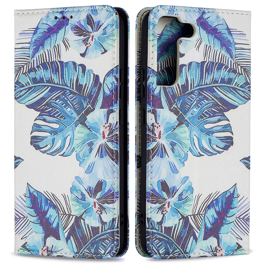

Funny Pattern Printing PU Leather Flip Wallet Case Stand Magnetic Auto-absorbed Protective Cover for Samsung Galaxy S22+ 5G - Blue Leaves, Galaxy S22+ 5G
