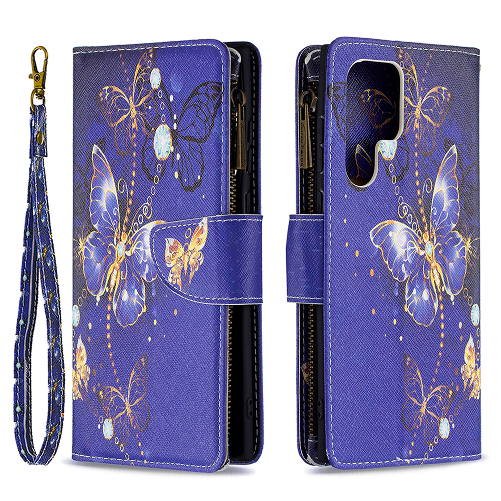 

BF03 Pattern Printing PU Leather Magnetic Zipper Pocket Case Stand Flip Wallet Phone Cover with Strap for Samsung Galaxy S22 Ultra 5G - Purple Butterflies, Galaxy S22 Ultra 5G
