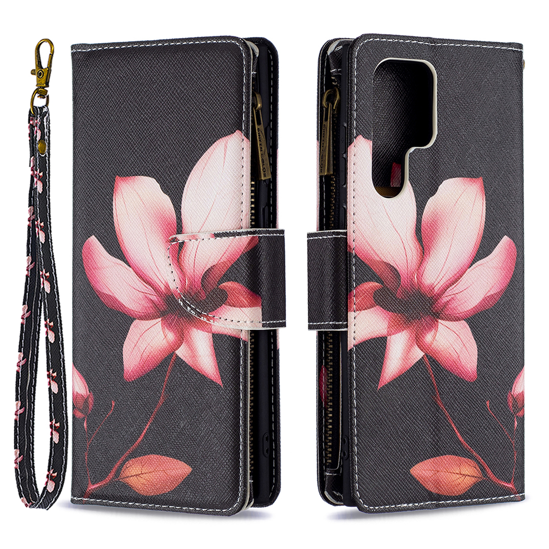 

BF03 Pattern Printing PU Leather Magnetic Zipper Pocket Case Stand Flip Wallet Phone Cover with Strap for Samsung Galaxy S22 Ultra 5G - Lotus, Galaxy S22 Ultra 5G