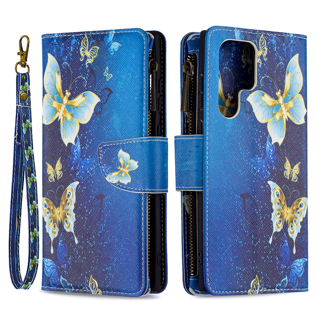 

BF03 Pattern Printing PU Leather Magnetic Zipper Pocket Case Stand Flip Wallet Phone Cover with Strap for Samsung Galaxy S22 Ultra 5G - Golden Butterflies, Galaxy S22 Ultra 5G