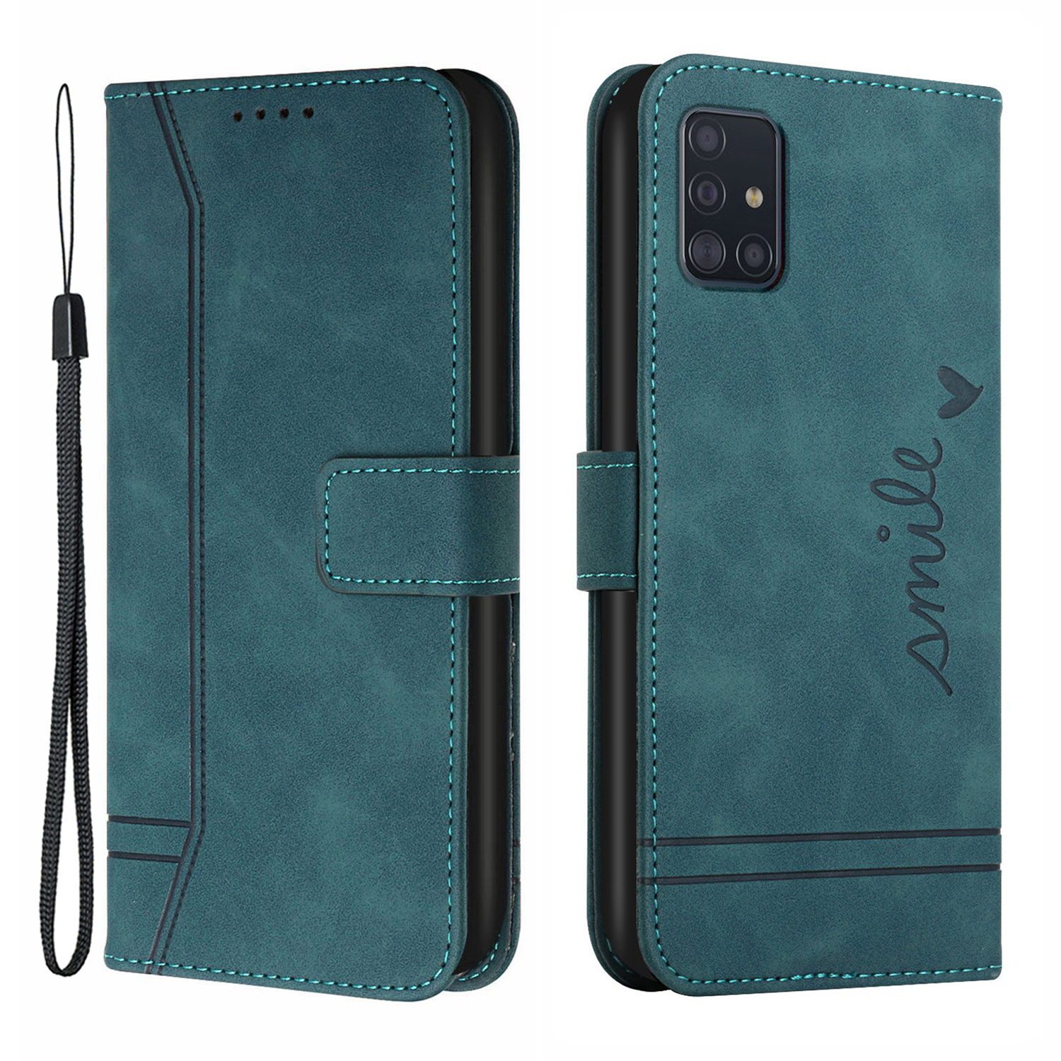 

003 Series SMILE Letter Heart Imprinted Phone Stand Case Leather Wallet Cover for Samsung Galaxy M51/F62/M62 - Green, Galaxy M51