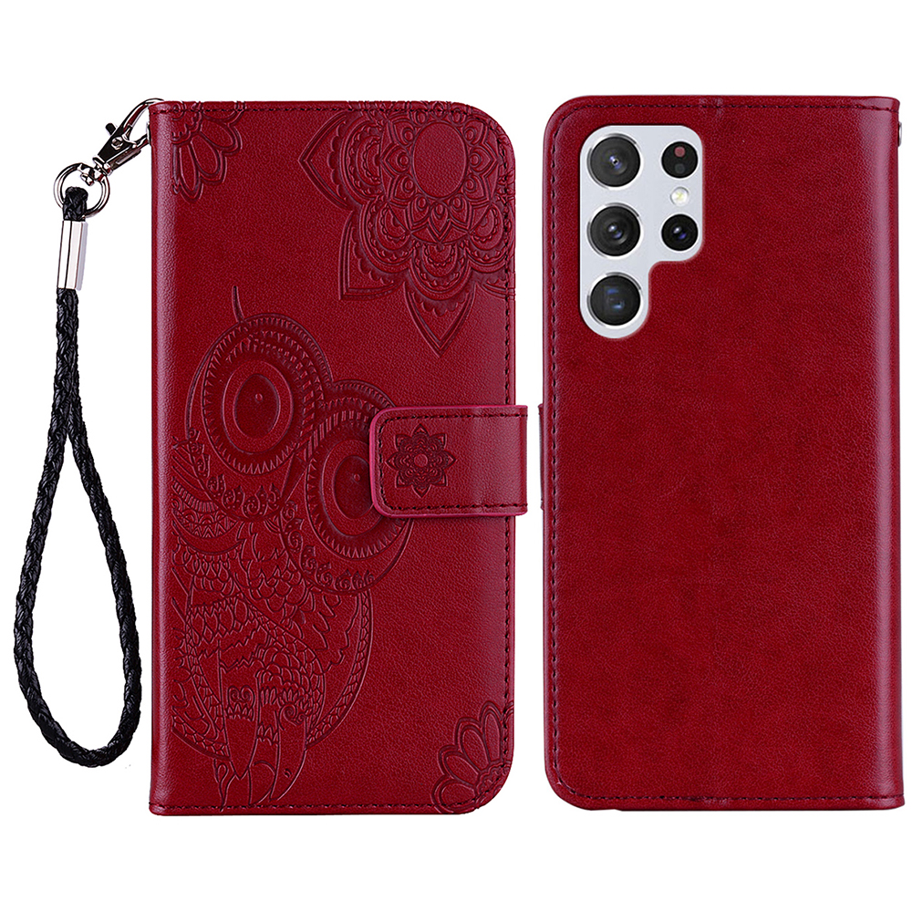 

Flip Phone Case Stylish Imprinted Owl Flower Pattern Leather Wallet Shell for Samsung Galaxy S22 Ultra 5G - Red, Galaxy S22 Ultra 5G