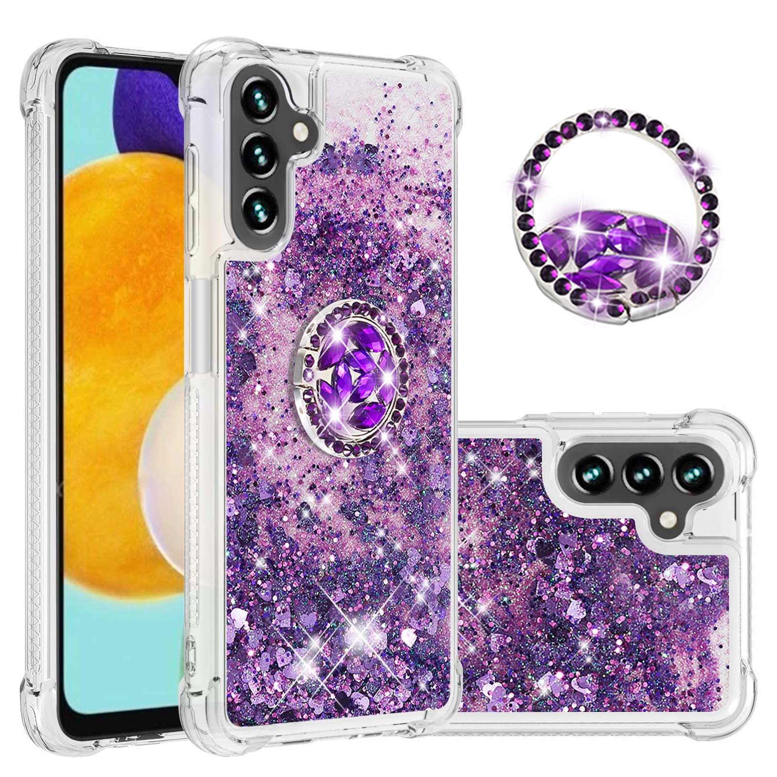 

Quicksand TPU Phone Protective Shell Stylish Glitter Sequins Design with Ring Kickstand for Samsung Galaxy A13 5G - Dark Purple/Heart, Galaxy A13 5G