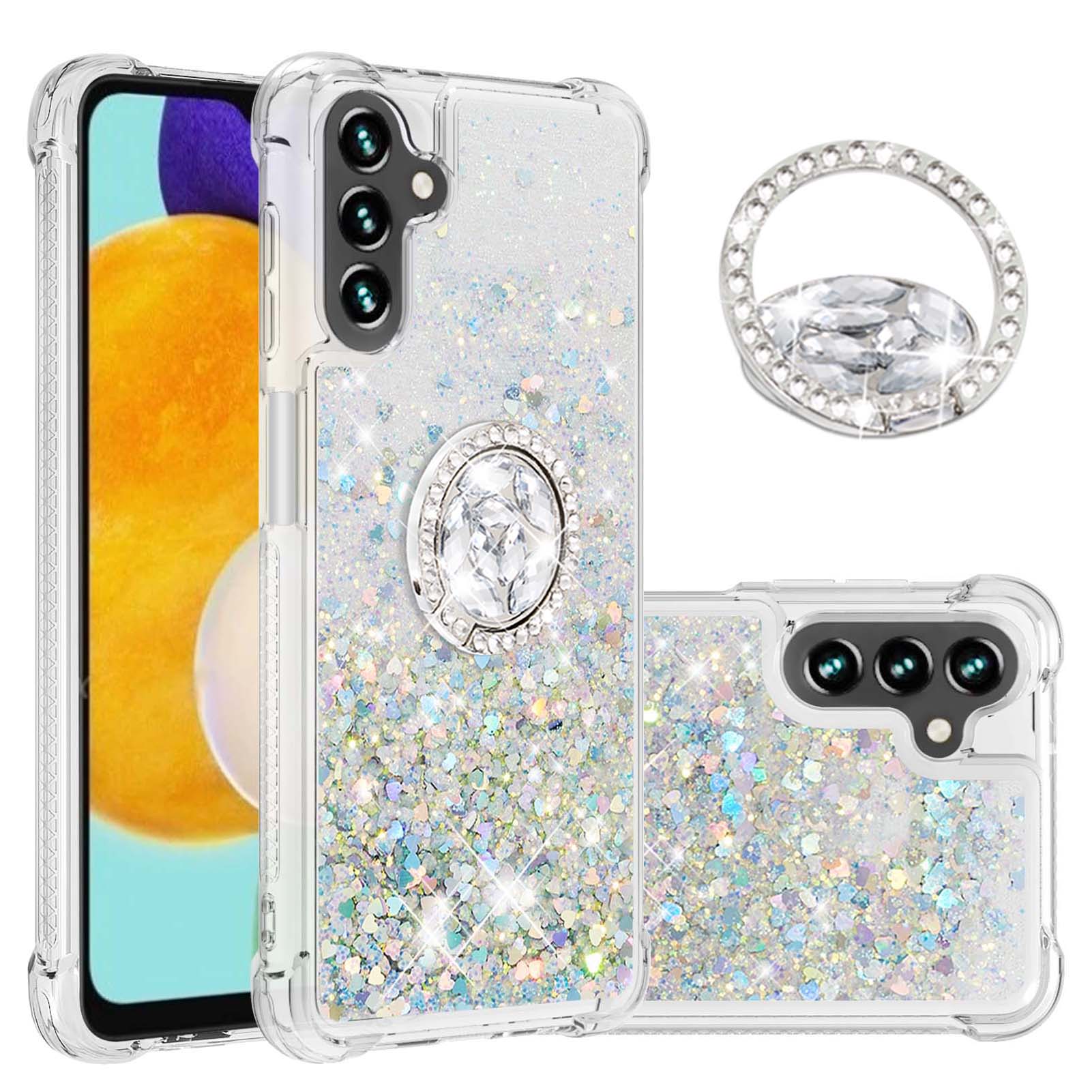 

Закрипки и TPU Phonte Protective Shell Shell Sherk Design с Кольцевой Подставкой Для Samsung Galaxy A13 5G - Серебро/сердце, Galaxy A13 5G