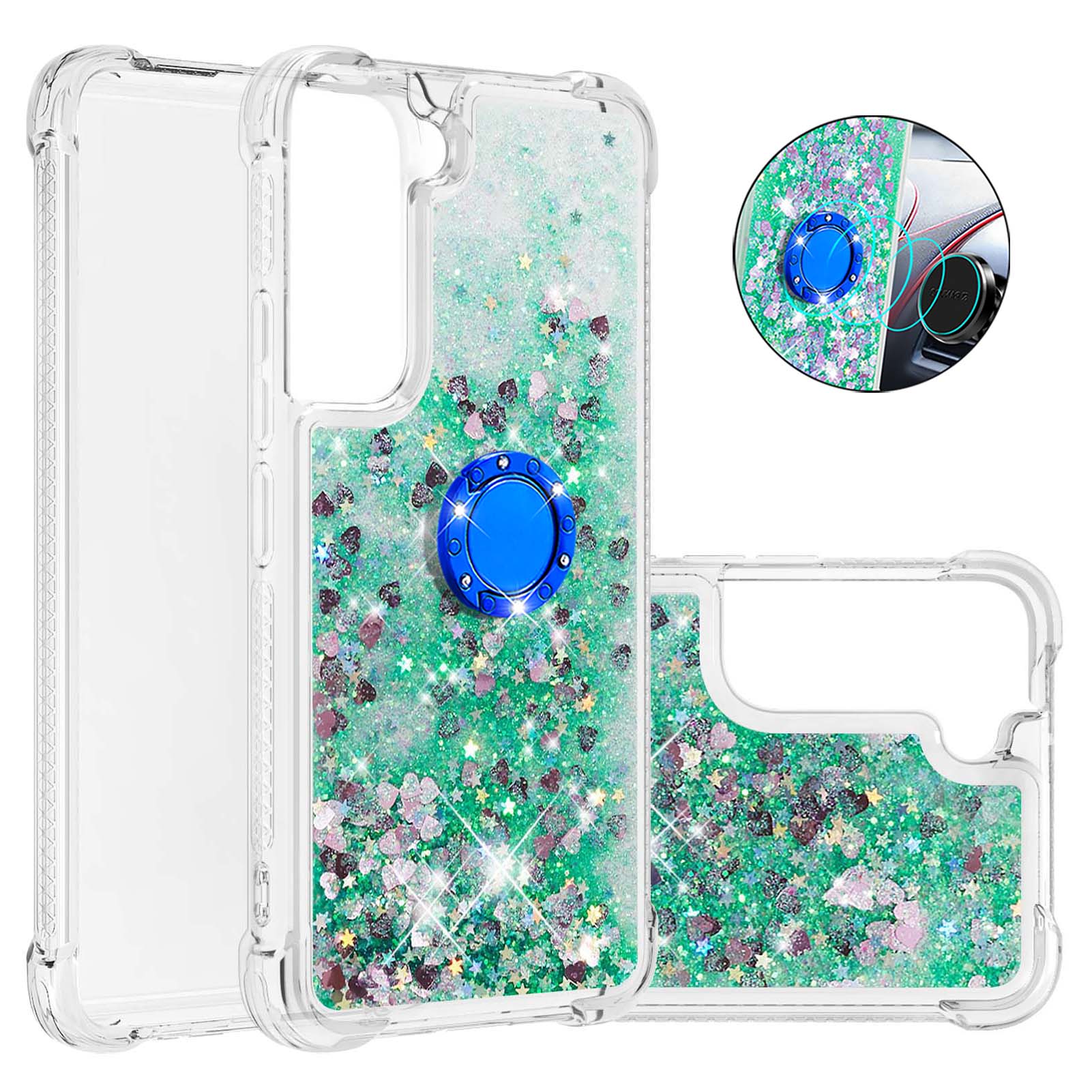 

Quicksand Glitter Shiny Rhinestone Ring Kickstand TPU Back Phone Case for Samsung Galaxy S22 5G - Green Hearts, Galaxy S22 5G