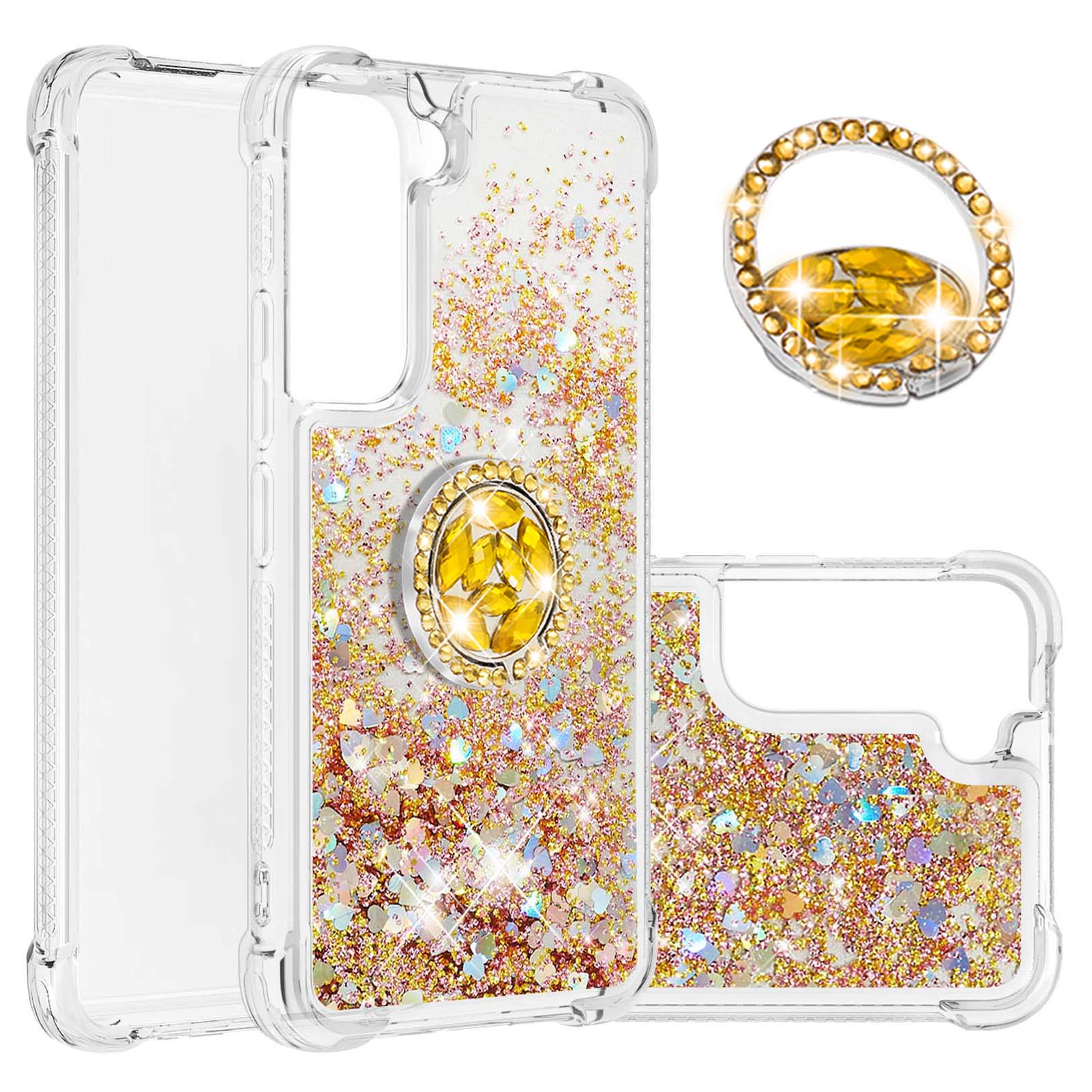 

Quicksand Glitter Shiny Rhinestone Ring Kickstand TPU Back Phone Case for Samsung Galaxy S22 5G - Gold Hearts, Galaxy S22 5G