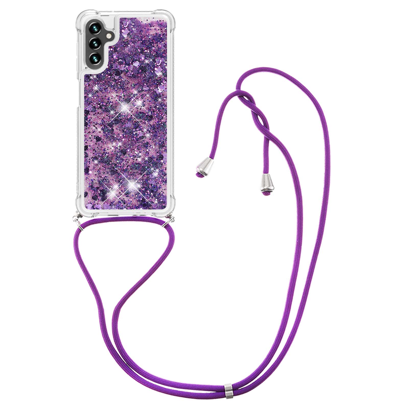 

Зыпкий и Блестящий Жидкий Корпус Сотового Телефона TPU с Регулируемым Lanyard Для Samsung Galaxy A13 5G - Темно -фиолетовые Сердца, Galaxy A13 5G