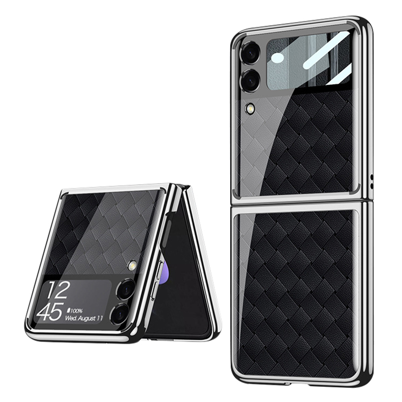 

All-in-One PC Phone Shell Tempered Glass Ultra Slim Flip Phone Case for Samsung Galaxy Z Flip3 5G - Silver/Woven Texture/Black, Samsung Galaxy Z Flip3 5G
