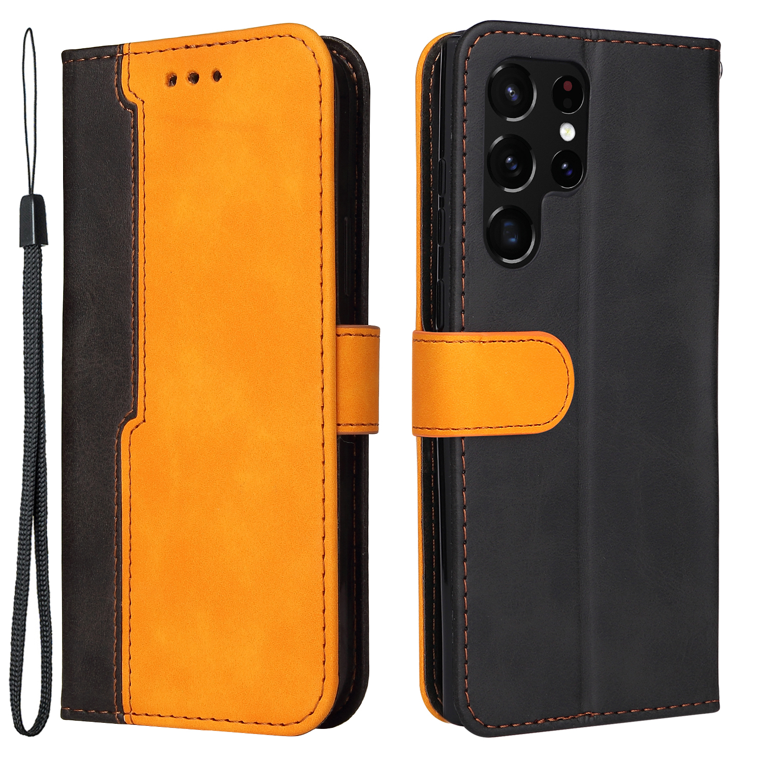 

Business Style Splicing Dual-color Full Protection Wallet Design Phone Case with Stand for Samsung Galaxy S22 Ultra 5G - Orange, Galaxy S22 Ultra 5G