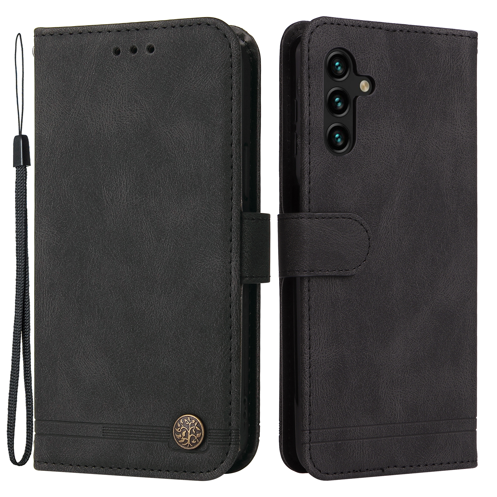 

Stylish Shockproof Phone Flip Case Tree Pattern Metal Button Decor Stand Wallet PU Leather+TPU Cover for Samsung Galaxy A13 5G / A04s 4G (164.7 x 76.7 x 9.1 mm) - Black, Galaxy A13 5G