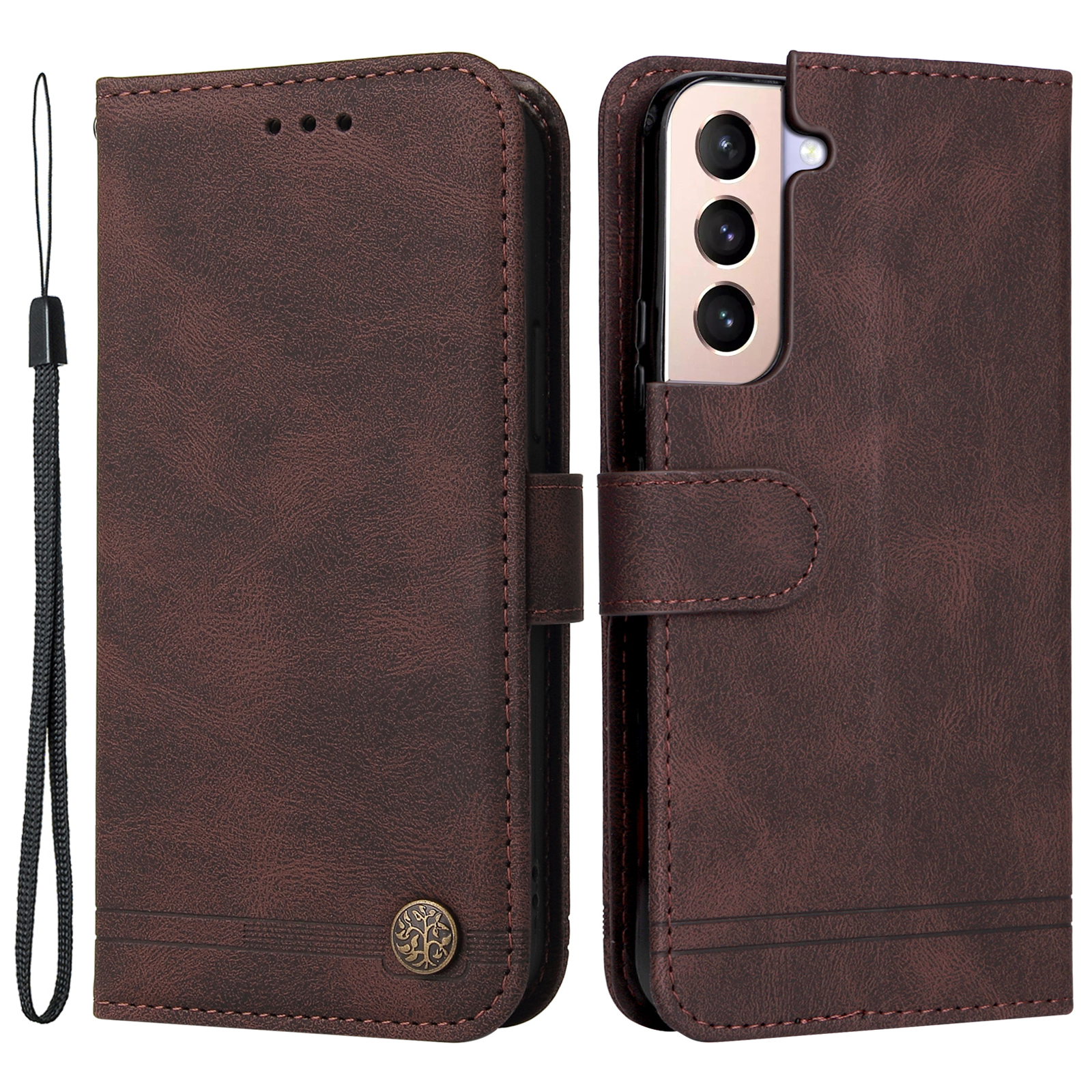 

Wallet PU Leather+TPU Cover Card Slots Phone Flip Case Retro Tree Pattern Metal Button Decor with Stand for Samsung Galaxy S22 5G - Brown, Galaxy S22 5G