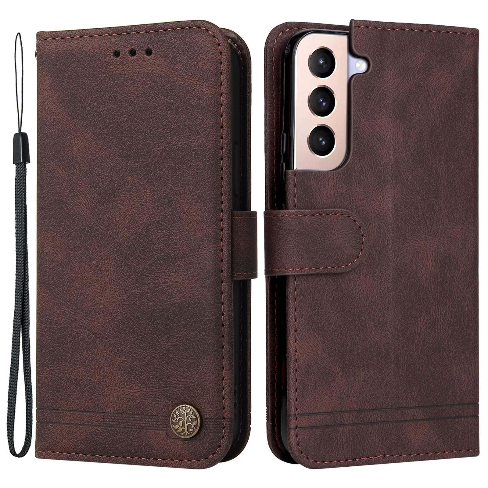 

Слоты Для Карты Телефона. Слоты Ретро Рисунок Дерево Металлическая Кнопка Decor Stand Wallet Cuethe+ Cover Tpu Для Samsung Galaxy S22+ 5G - Коричневый, Galaxy S22+ 5G