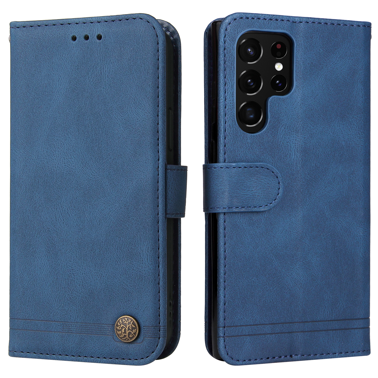 

Phone Flip Case Retro PU Leather+TPU Cover Tree Pattern Metal Button Decor Stand Wallet for Samsung Galaxy S22 Ultra 5G - Blue, Galaxy S22 Ultra 5G