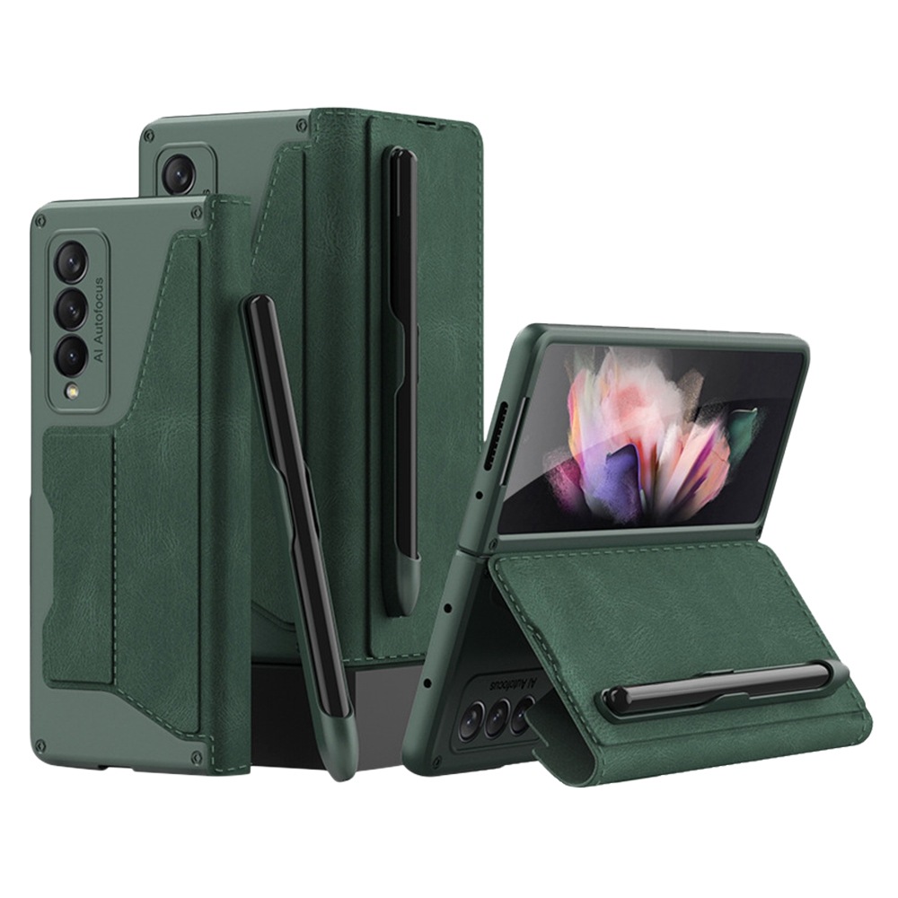 

Full Protection PU Leather Folio Flip Stand Card Holder Phone Case Cover with Pen Slot for Samsung Galaxy Z Fold3 5G - Green, Galaxy Z Fold3 5G