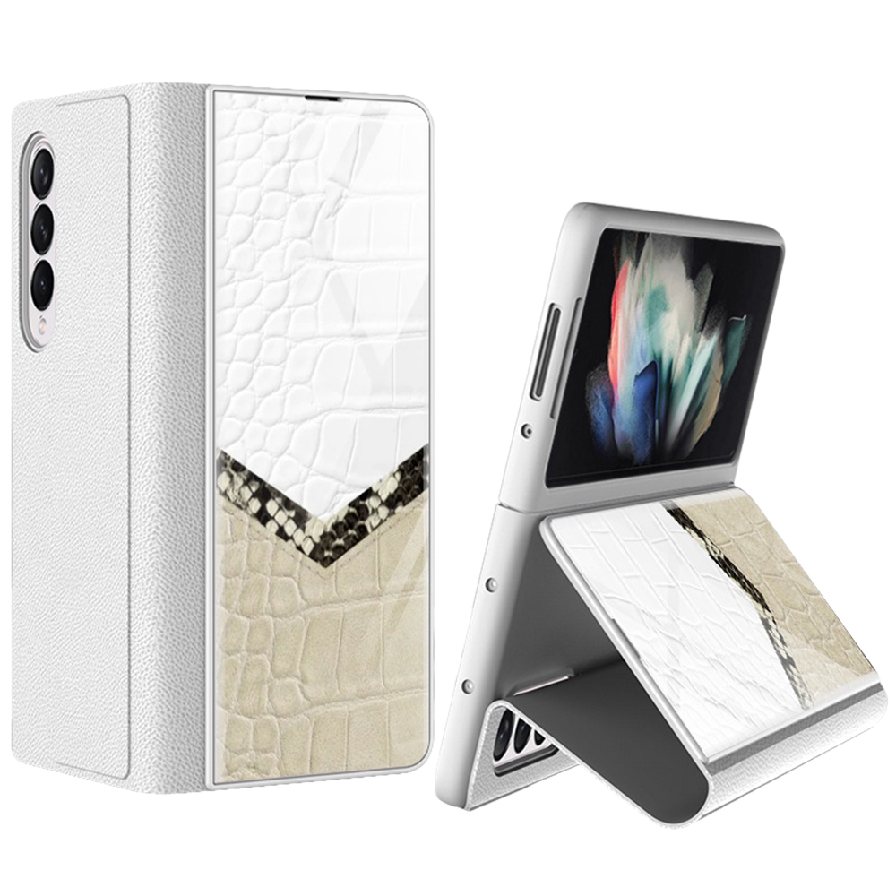 

Color Contrast Tempered Glass Front Cover Anti-fall PU Leather Stand Phone Case for Samsung Galaxy Z Fold3 5G - Silver 06, Galaxy Z Fold3 5G