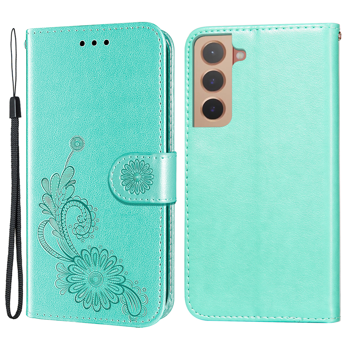 

Imprinted Lace and Lotus Pattern PU Leather Wallet Stand Folio Flip Phone Cover with Strap for Samsung Galaxy S22+ 5G - Cyan, Galaxy S22+ 5G
