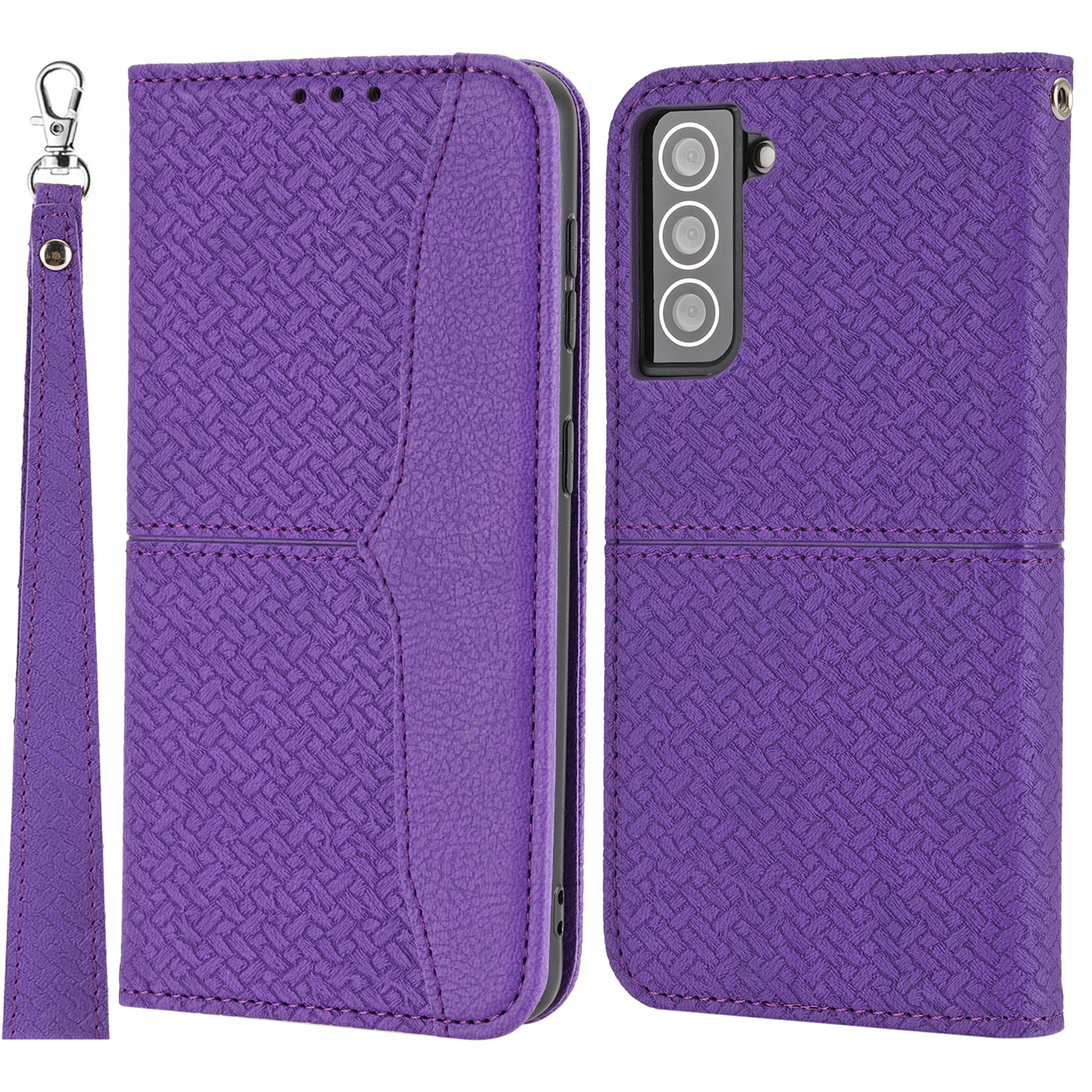 

[Come with Wrist Strap] Magnetic Flip Phone Cover Woven Texture Wallet Leather Case with Stand for Samsung Galaxy S22 5G - Purple, Galaxy S22 5G
