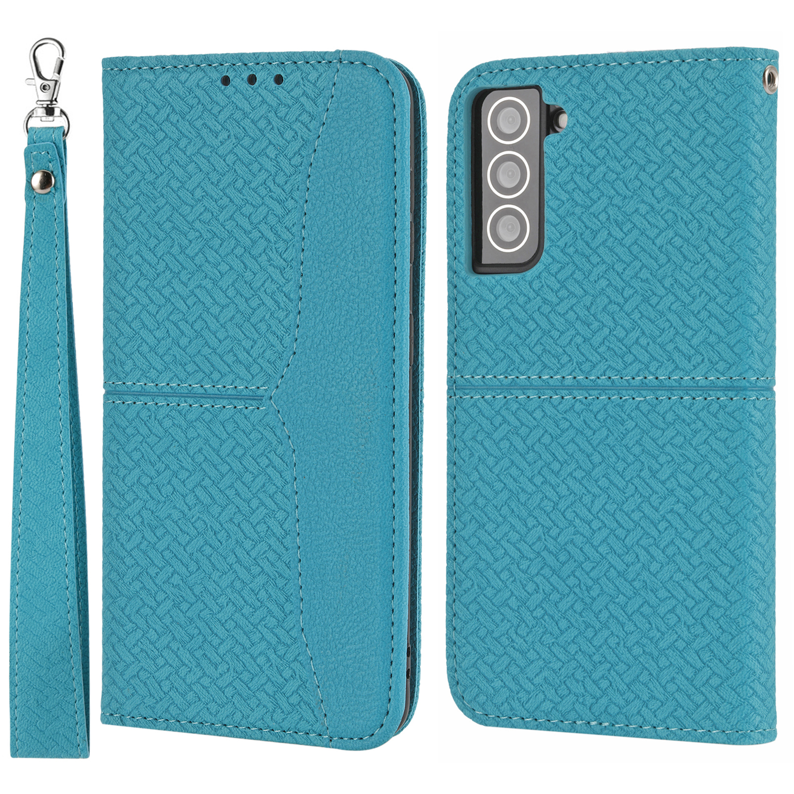 

[Come with Wrist Strap] Magnetic Flip Phone Cover Woven Texture Wallet Leather Case with Stand for Samsung Galaxy S22 5G - Blue, Galaxy S22 5G