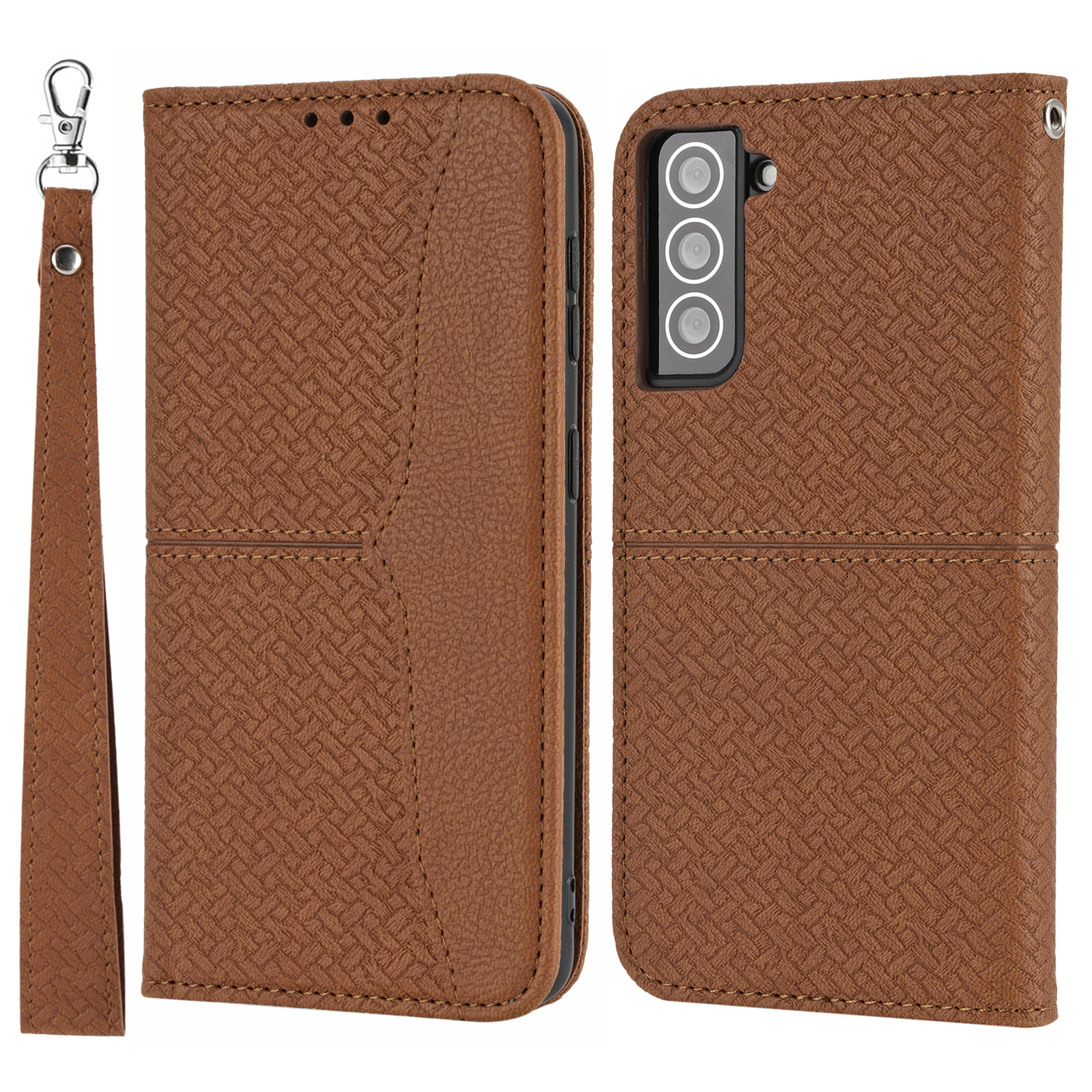

For Samsung Galaxy S22+ 5G Anti-scratch Shockproof Magnetic Flip Cover Woven Texture Wallet Wrist Strap Leather Case with Stand - Brown, Galaxy S22+ 5G