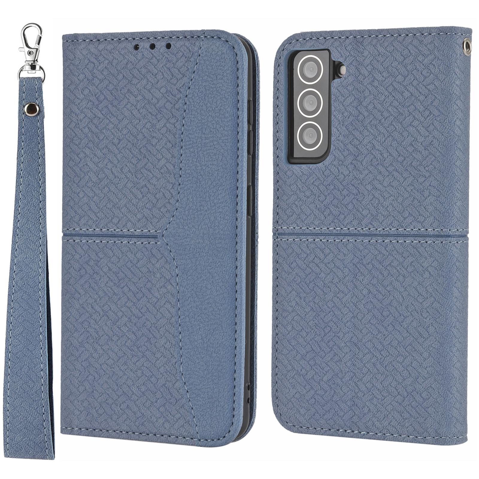 

For Samsung Galaxy S22+ 5G Anti-scratch Shockproof Magnetic Flip Cover Woven Texture Wallet Wrist Strap Leather Case with Stand - Grey, Galaxy S22+ 5G