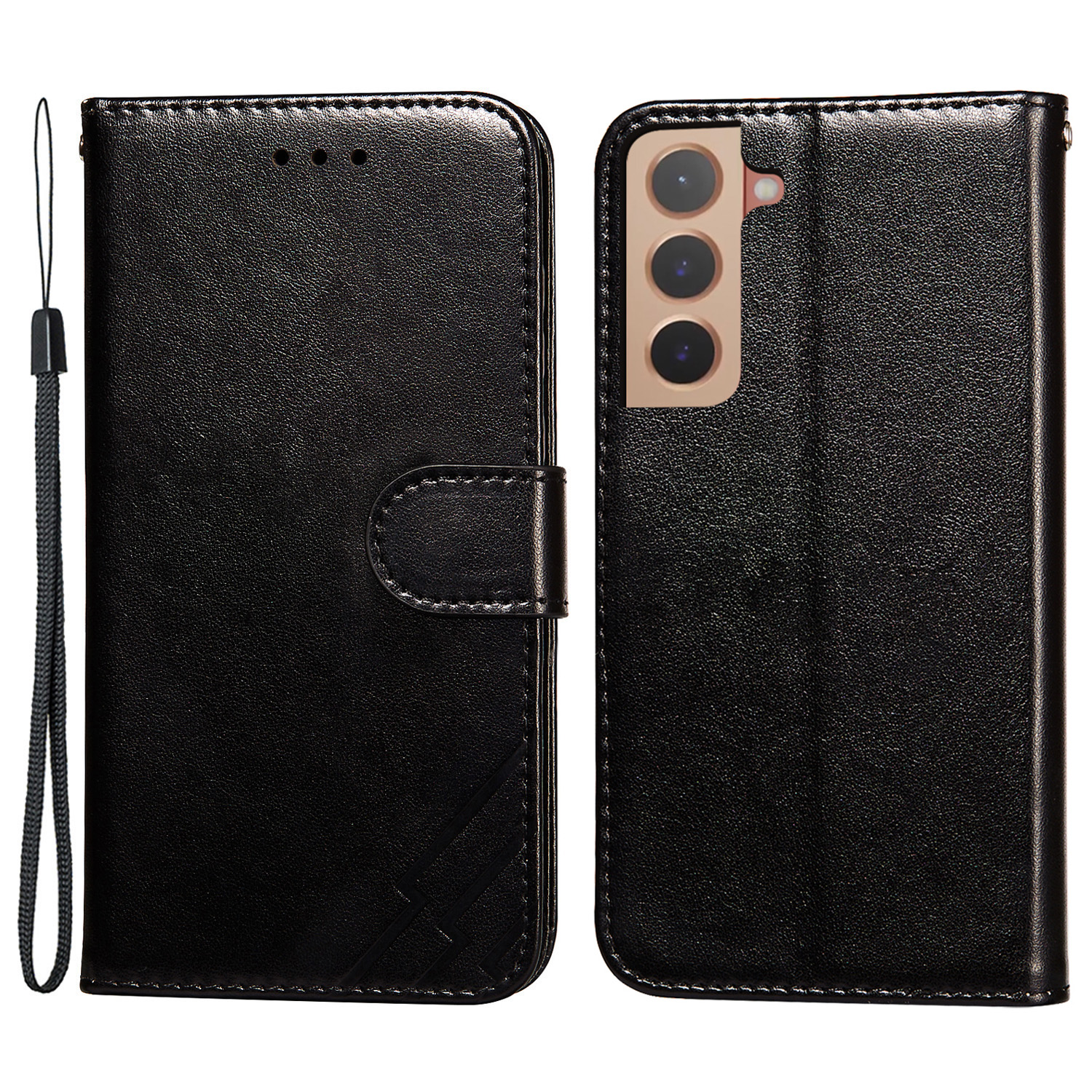 

Shockproof PU Leather and TPU Imprinted Three Stripes Pattern Wallet Phone Case Cover for Samsung Galaxy S22+ 5G - Black, Galaxy S22+ 5G