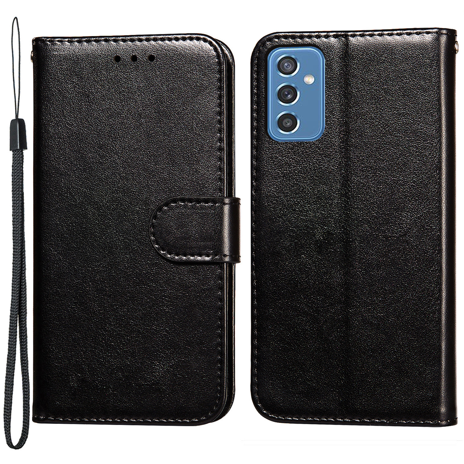

Wrist Strap Dual-sided Magnetic Closure Solid Color TPU+PU Leather Wallet Stand Flip Cover Phone Case for Samsung Galaxy M52 5G - Black, Samsung Galaxy M52 5G
