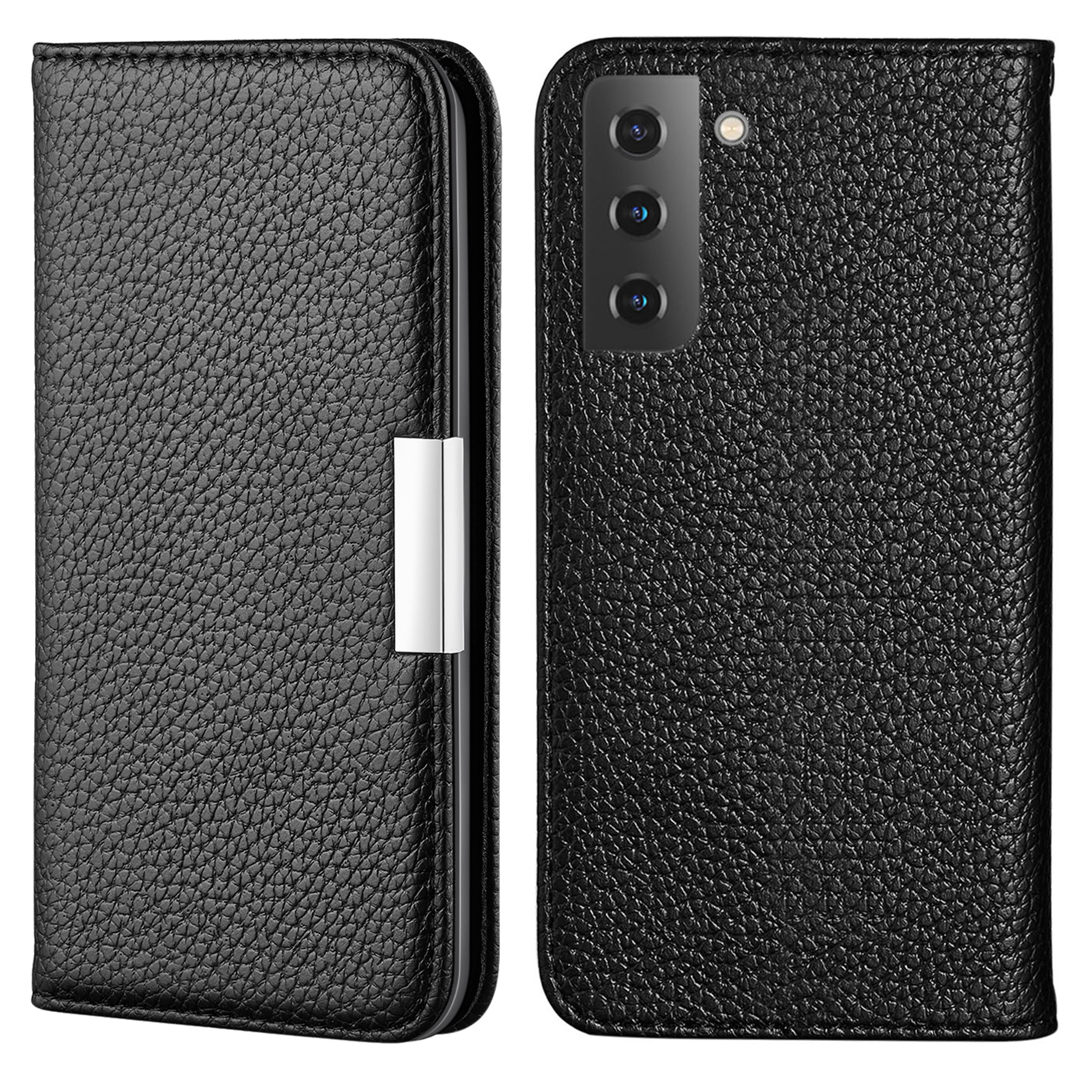 

Anti-drop Litchi Skin Metal Buckle Automatic Closing Shockproof Leather Case Cover with Card Holder for Samsung Galaxy S22+ 5G - Black, Galaxy S22+ 5G