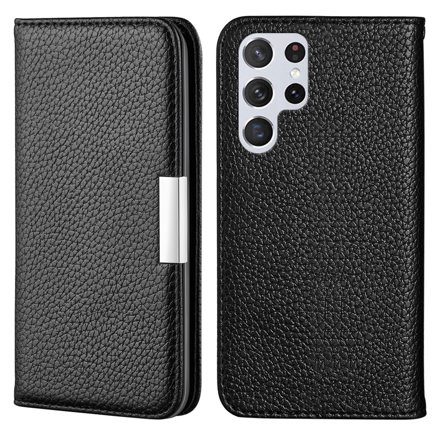 

Card Holder Design Litchi Skin Metal Buckle Anti-scratch Shockproof Leather Case Phone Cover for Samsung Galaxy S22 Ultra 5G - Black, Galaxy S22 Ultra 5G