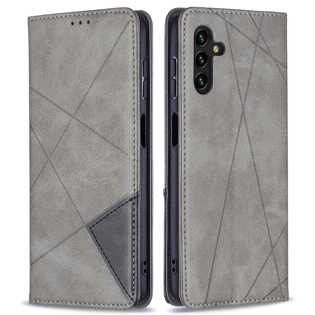 

Splicing Style Phone Cover Rhombus-Like Imprinting Card Slots Design Leather Stand Phone Case for Samsung Galaxy A13 5G / A04s 4G (164.7 x 76.7 x 9.1 mm) - Grey, Galaxy A13 5G