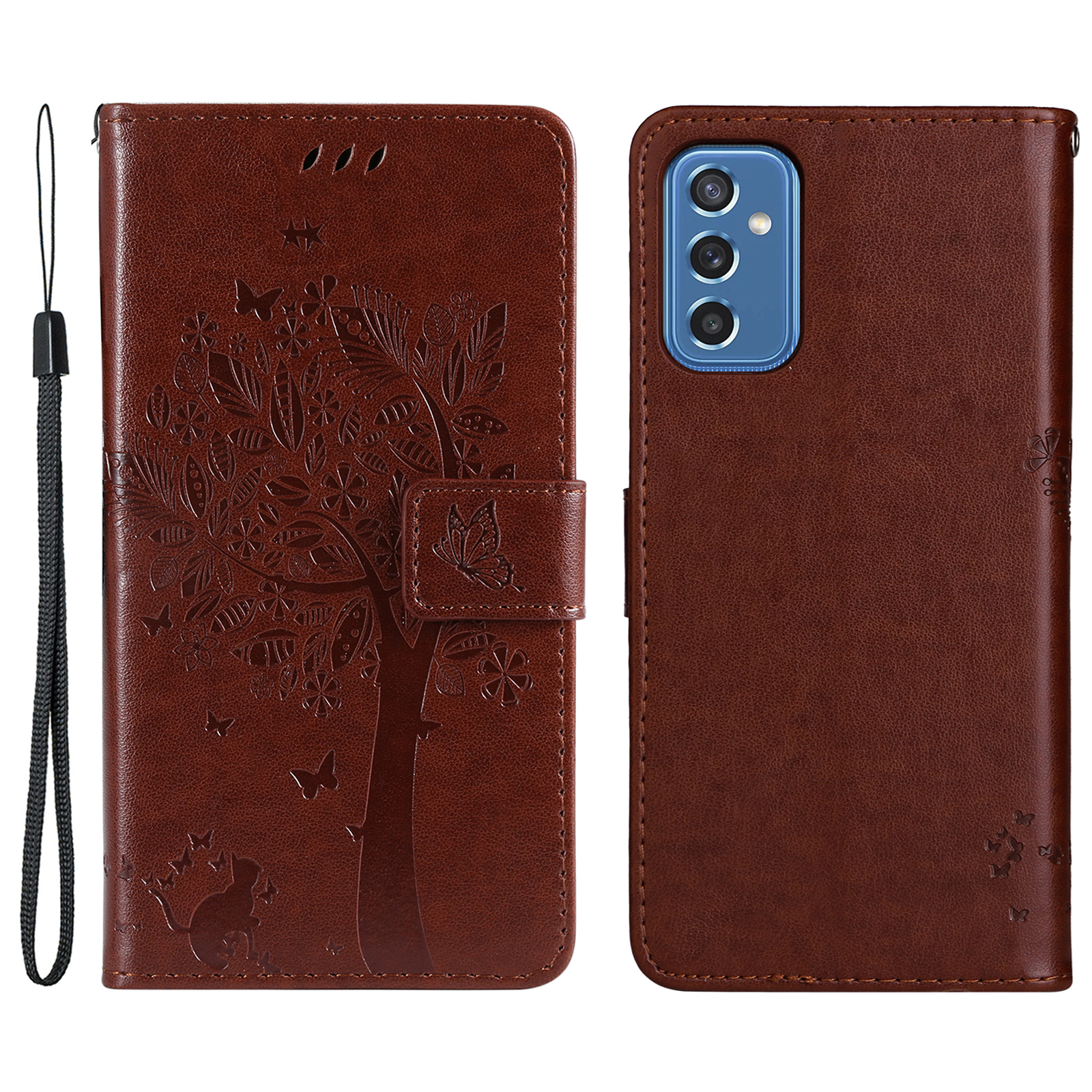 

For Samsung Galaxy M52 5G KT Imprinting Flower Series-3 Cute Cat and Tree Pattern Imprinted Wallet Flip Phone Case PU Leather Stand Magnetic Clasp Protection Mobile Phone Cover - Coffee, Samsung Galaxy M52 5G