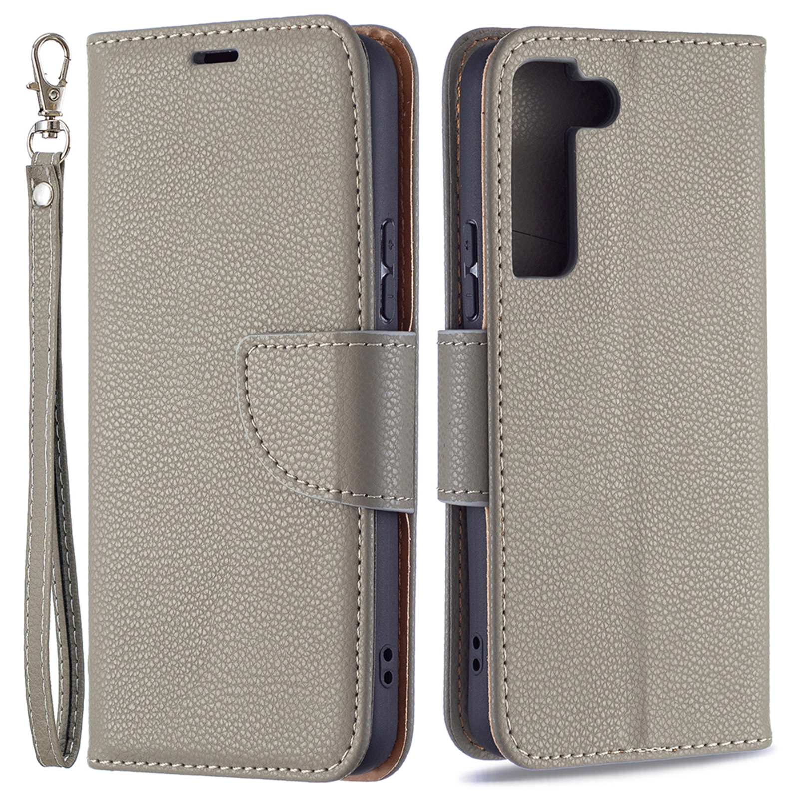 

Litchi Texture PU Leather Wallet Stand Anti-drop Phone Protection Case with Handy Strap for Samsung Galaxy S22 5G - Grey, Galaxy S22 5G