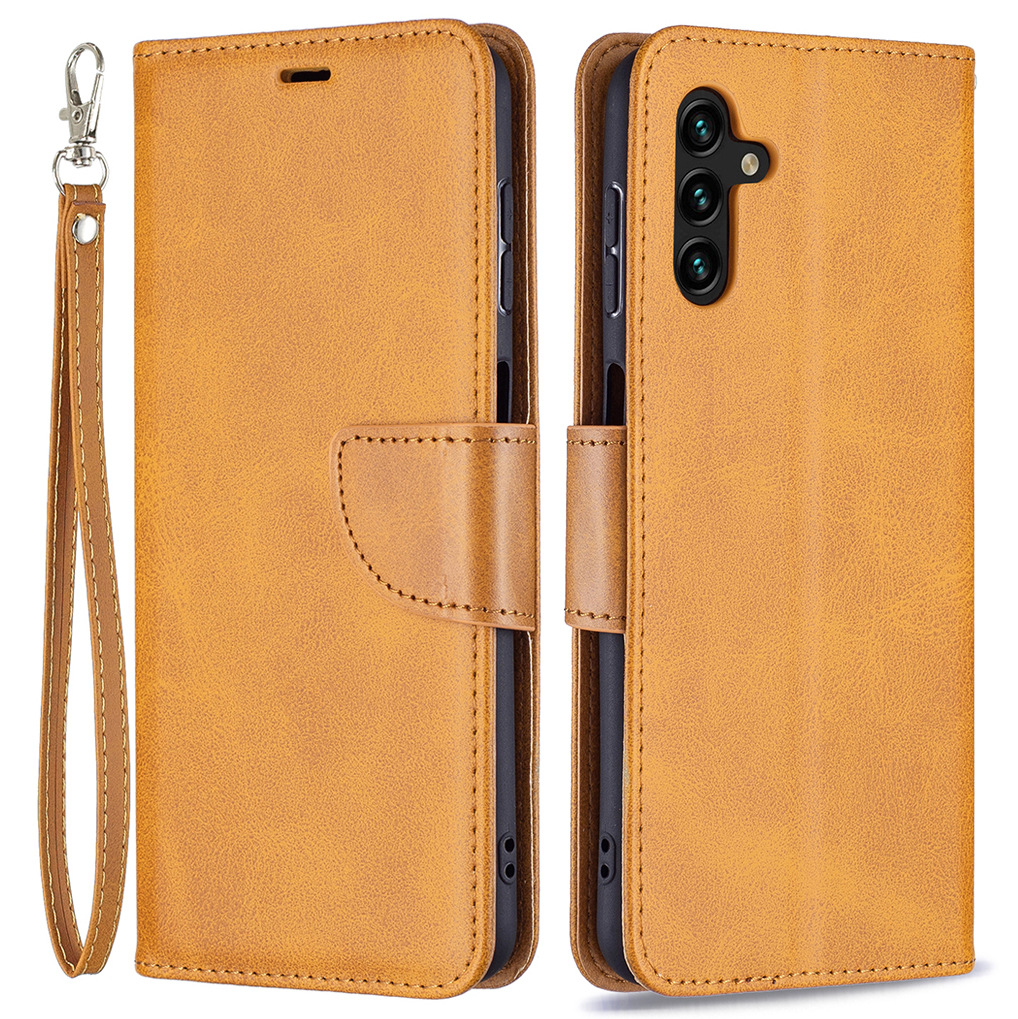 

Handy Strap PU Leather Cover Wallet Stand Drop-proof Mobile Phone Case for Samsung Galaxy A13 5G / A04s 4G (164.7 x 76.7 x 9.1 mm) - Yellow, Galaxy A13 5G