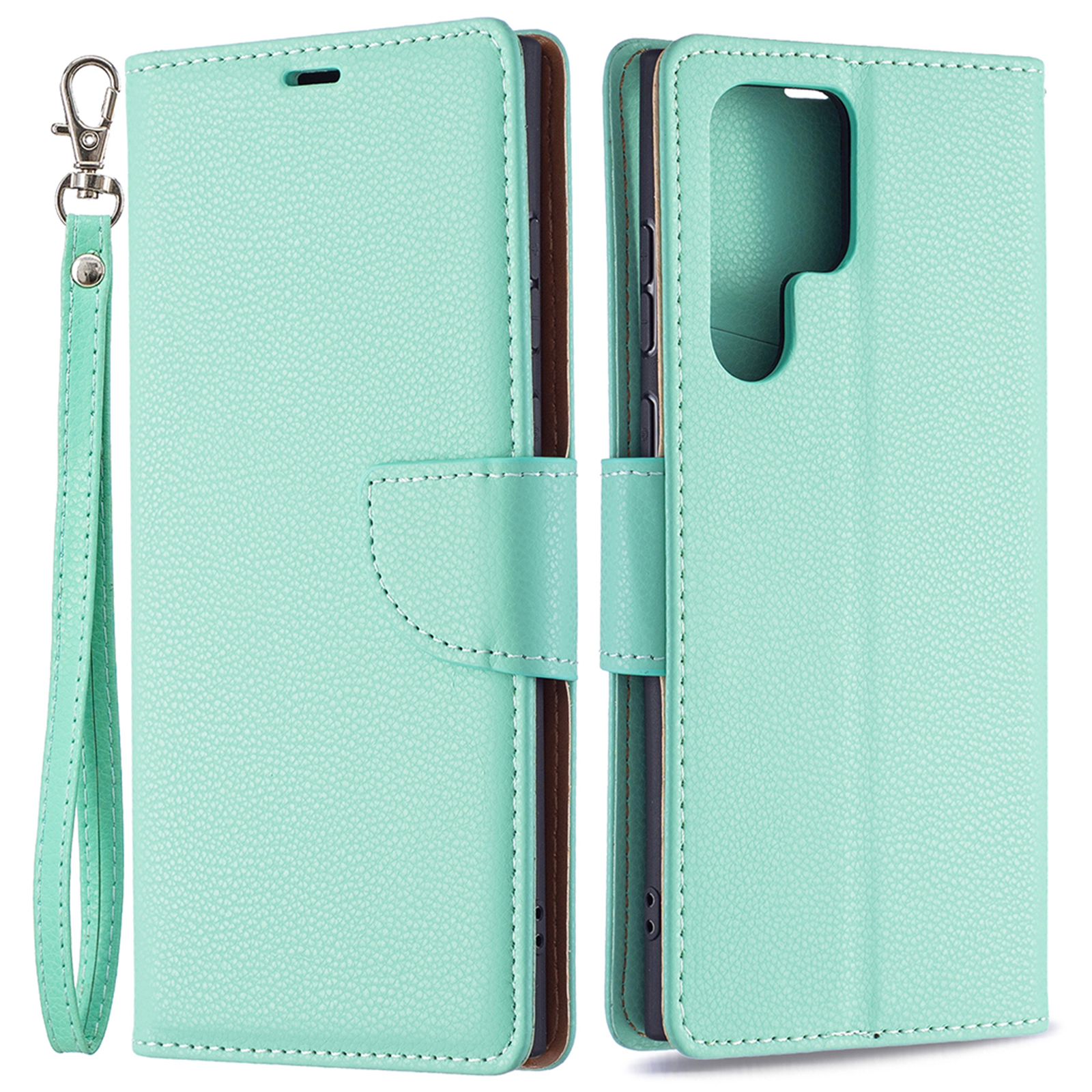 

Litchi Texture Solid Color PU Leather Wallet Stand Case Protective Phone Shell with Wrist Strap for Samsung Galaxy S22 Ultra 5G - Green, Galaxy S22 Ultra 5G
