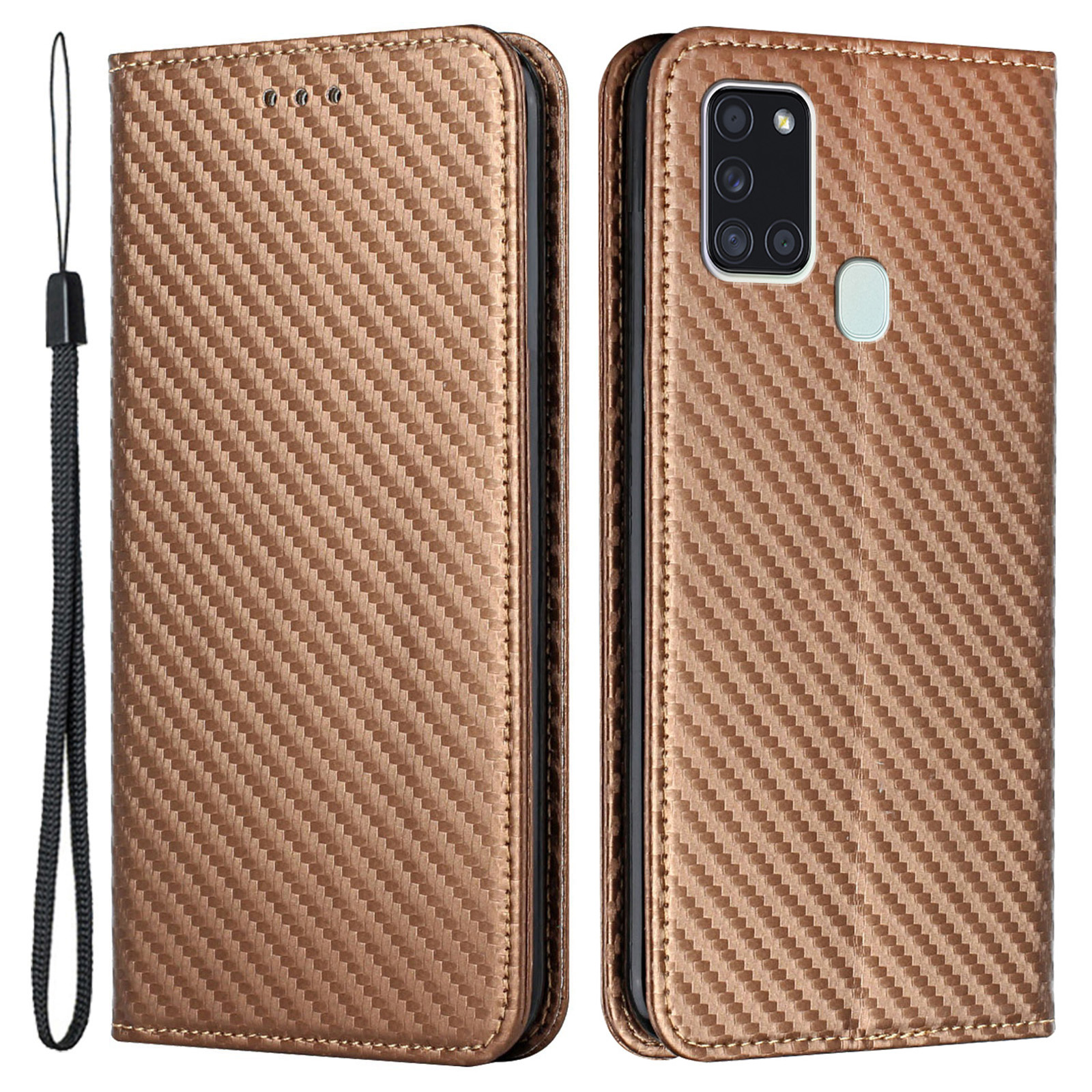 

Anti-shock Phone Flip Cover Carbon Fiber Texture Stand Wallet Design Auto-absorbed PU Leather+TPU Phone Case for Samsung Galaxy A21s - Brown, Galaxy A21s