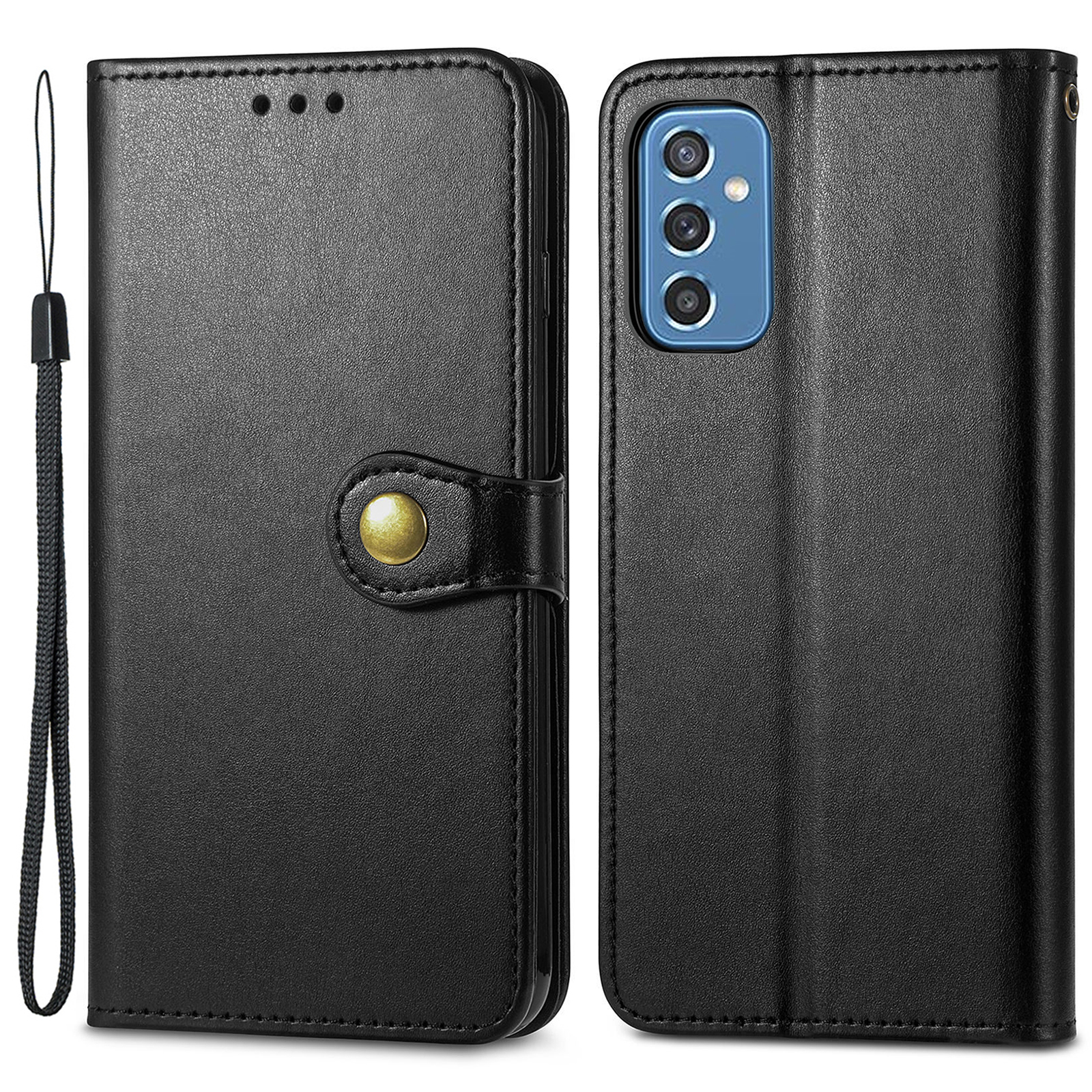 

Кожаный Кошелек PU Flip Phone Case Magnetic Круглая Пряжка с Ударной Крышкой с Ремешком Для Samsung Galaxy M52 5G - Черный, Samsung Galaxy M52 5G