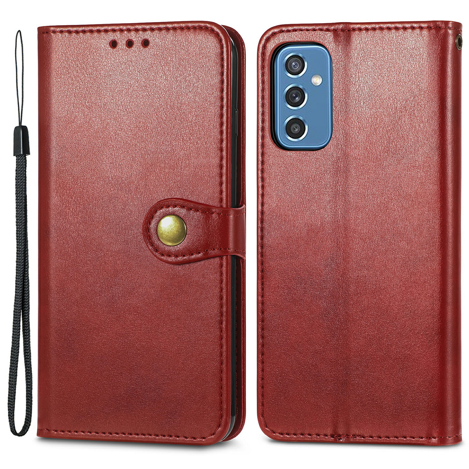 

PU Leather Wallet Flip Phone Case Magnetic Round Buckle Stand Shockproof Cover with Strap for Samsung Galaxy M52 5G - Red, Samsung Galaxy M52 5G