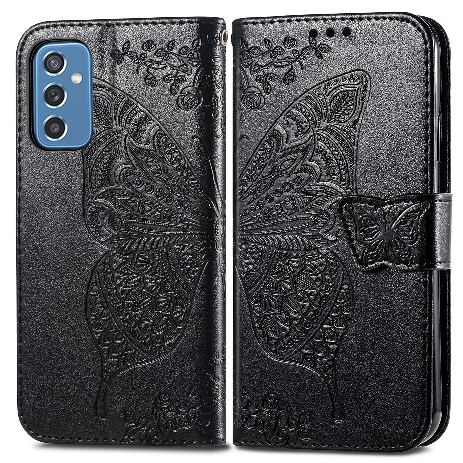 

Wallet Function Butterfly Flower Imprinted PU Leather Case All-Around Protection Stand Flip Cover with Strap for Samsung Galaxy M52 5G - Black, Samsung Galaxy M52 5G