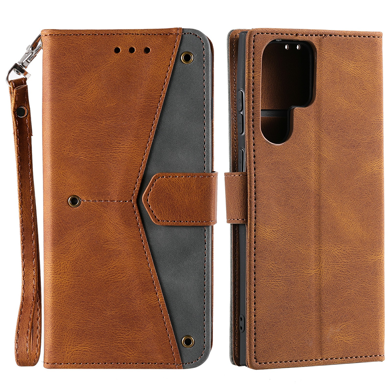 

For Samsung Galaxy S22 Ultra 5G Wrist Strap Cover Skin-touch Splicing PU Leather and TPU Protective Phone Case with Stand and Wallet - Brown, Galaxy S22 Ultra 5G