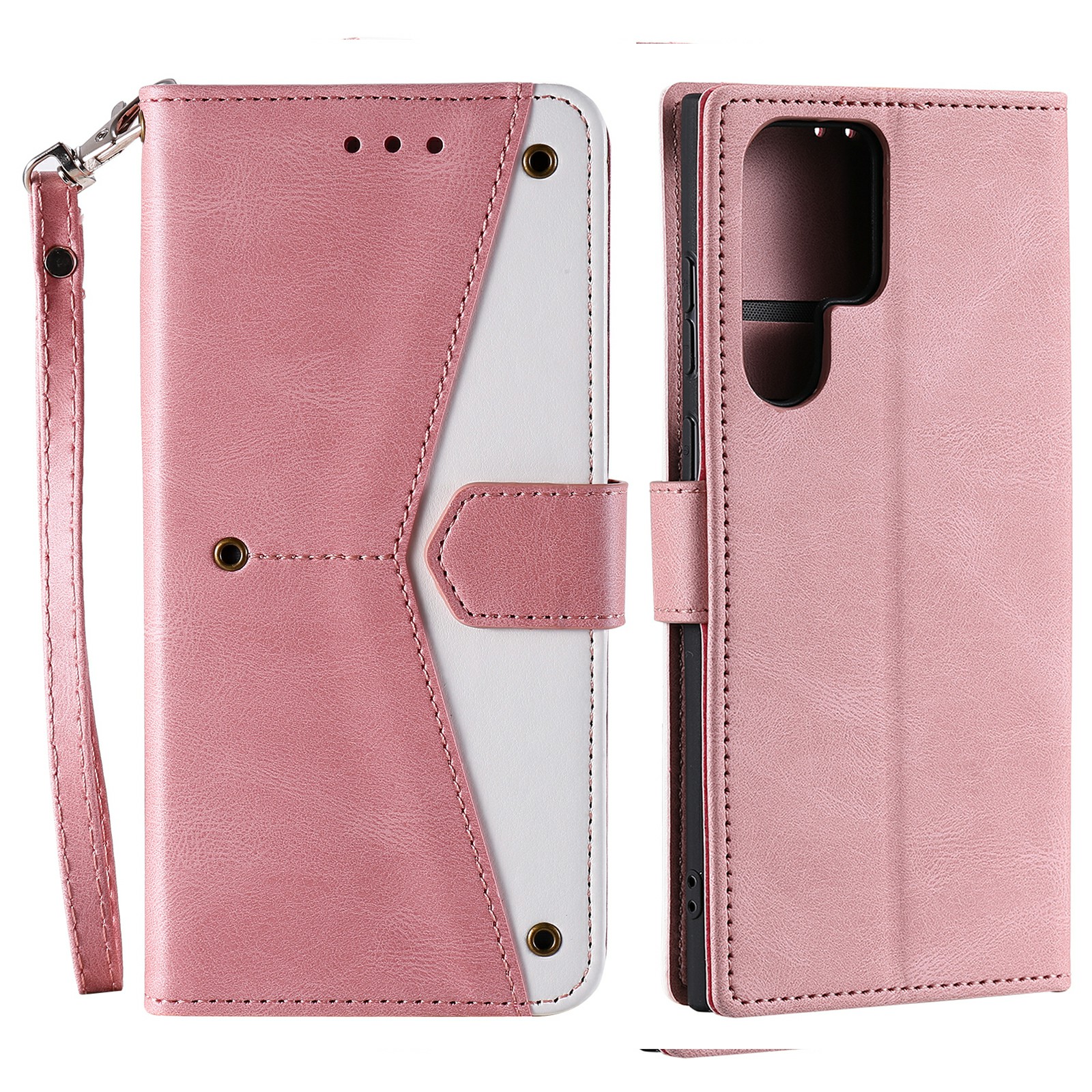 

For Samsung Galaxy S22 Ultra 5G Wrist Strap Cover Skin-touch Splicing PU Leather and TPU Protective Phone Case with Stand and Wallet - Pink, Galaxy S22 Ultra 5G