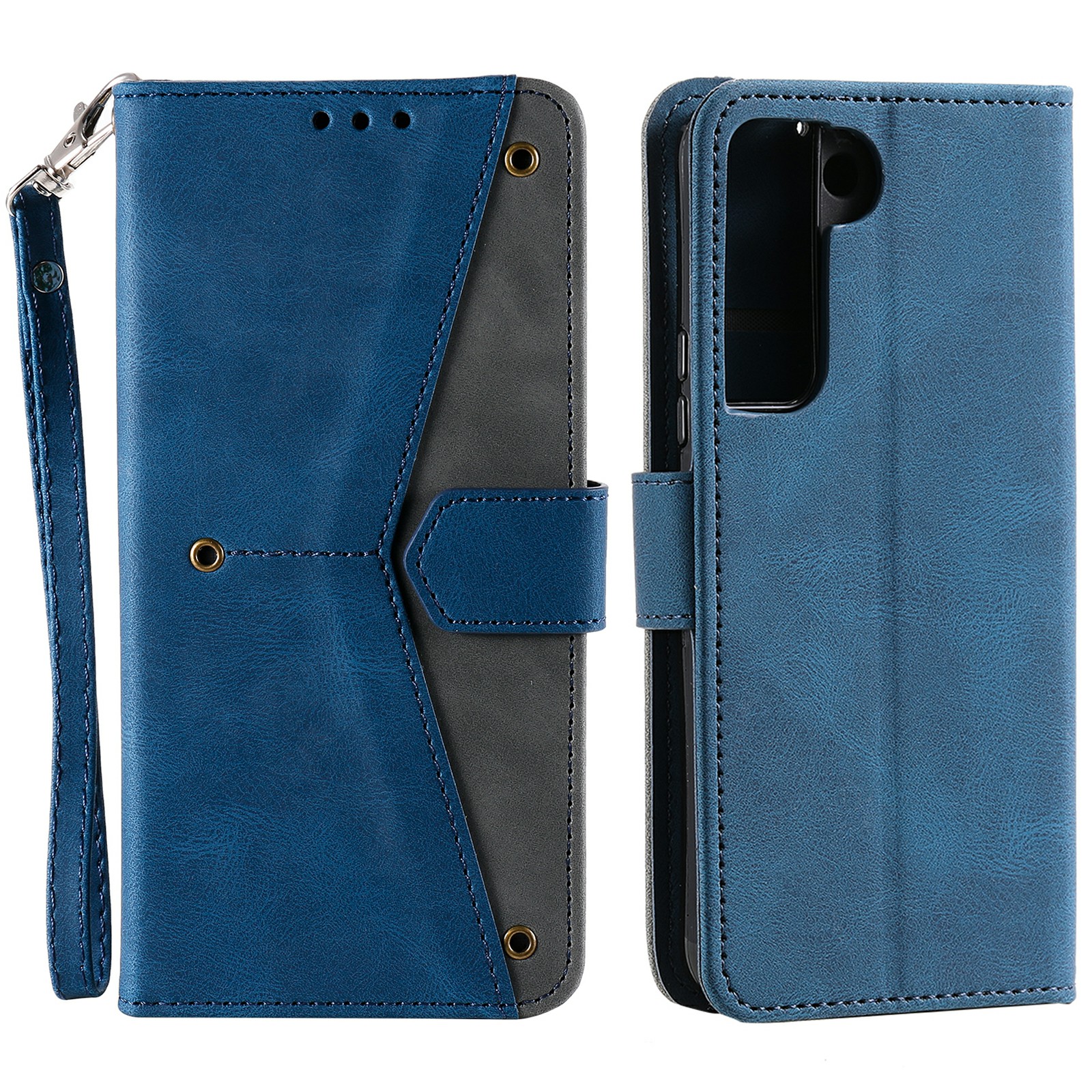 

All-round Protection Cover Skin-touch Splicing PU Leather and TPU Drop-proof Phone Case with Stand and Wallet for Samsung Galaxy S22+ 5G - Blue, Galaxy S22+ 5G