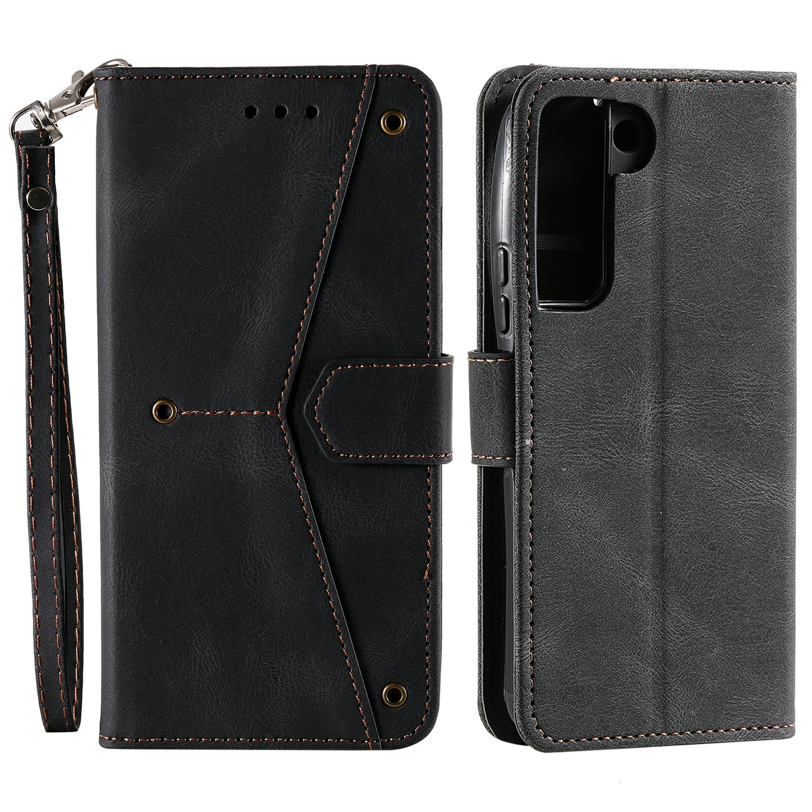 

All-round Protection Cover Skin-touch Splicing PU Leather and TPU Drop-proof Phone Case with Stand and Wallet for Samsung Galaxy S22+ 5G - Black, Galaxy S22+ 5G