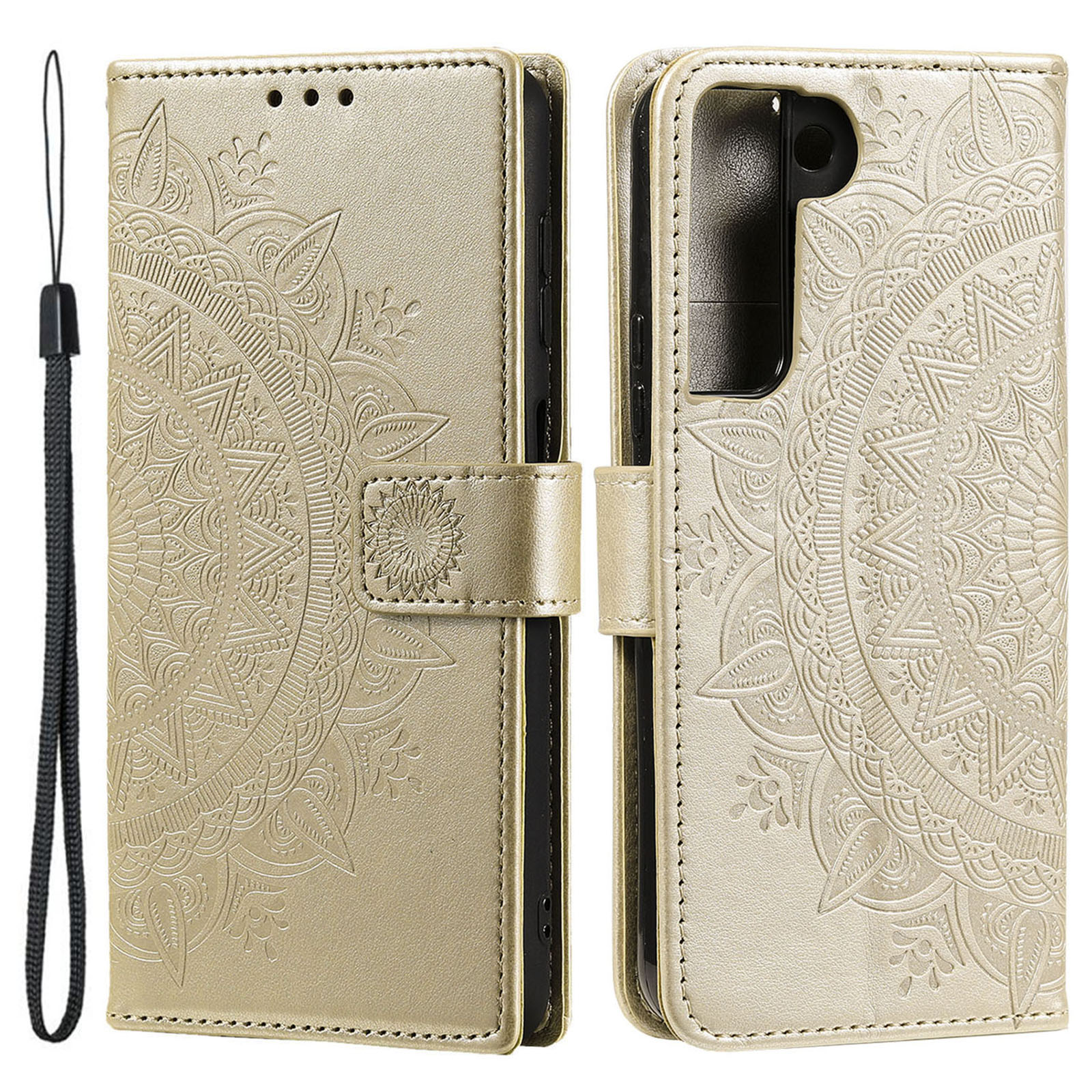 

Импрактинг Mandala Flower pu Leather + TPU Shockper Phone Case с Подставкой Для Кошелька Для Samsung Galaxy S22 + 5G - Золото, Galaxy S22+ 5G