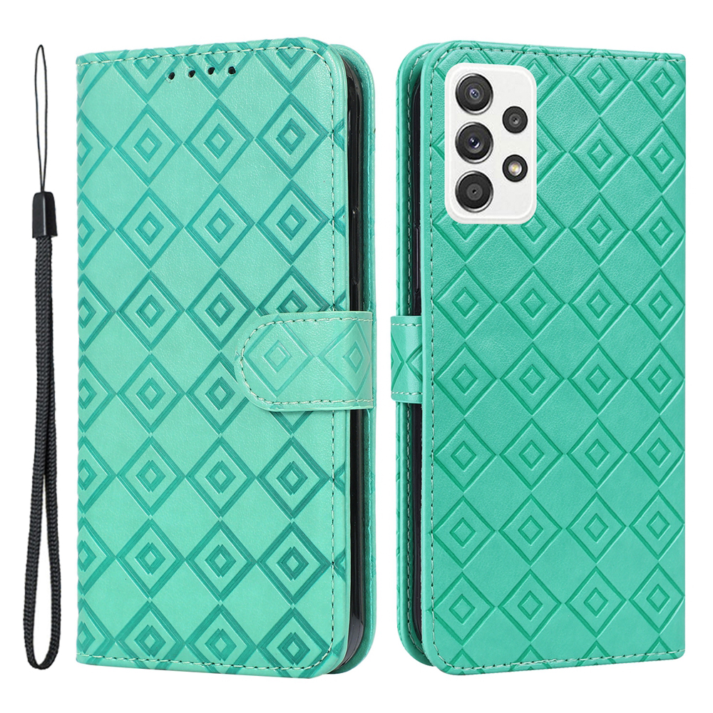 

Viewing Stand PU Leather Wallet Cover Imprinted Grid Pattern Folio Magnetic Case with Strap for Samsung Galaxy A33 5G - Green, Samsung Galaxy A33 5G