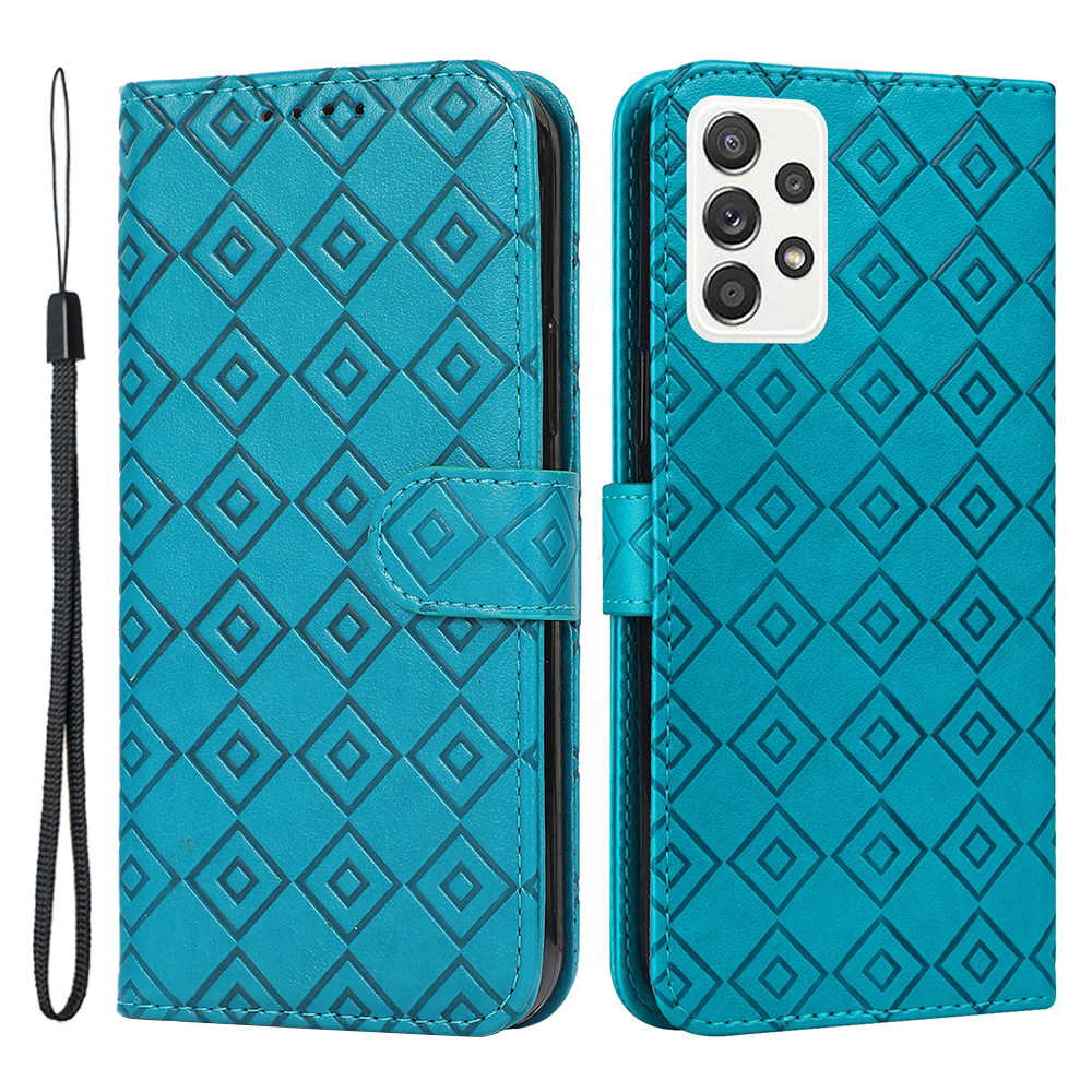 

Viewing Stand PU Leather Wallet Cover Imprinted Grid Pattern Folio Magnetic Case with Strap for Samsung Galaxy A33 5G - Blue, Samsung Galaxy A33 5G