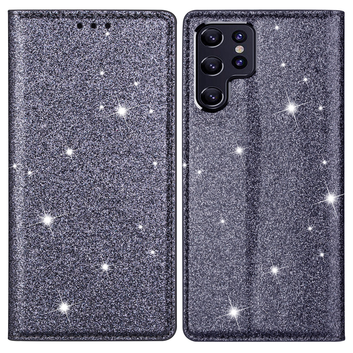 

Flash Glitter Stand Design Auto Closing Magnet Leather Phone Case Cover with Card Holder for Samsung Galaxy S22 Ultra 5G - Grey, Galaxy S22 Ultra 5G