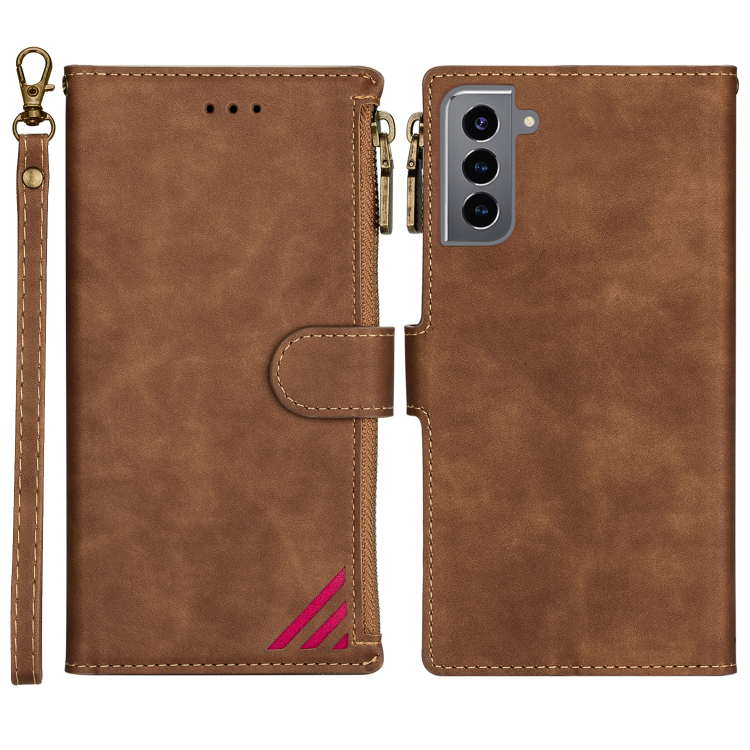 

Scratch-resistant PU Leather Case Wallet Stand Cover Shell with Zipper Pocket for Samsung Galaxy S22+ 5G - Brown, Galaxy S22+ 5G