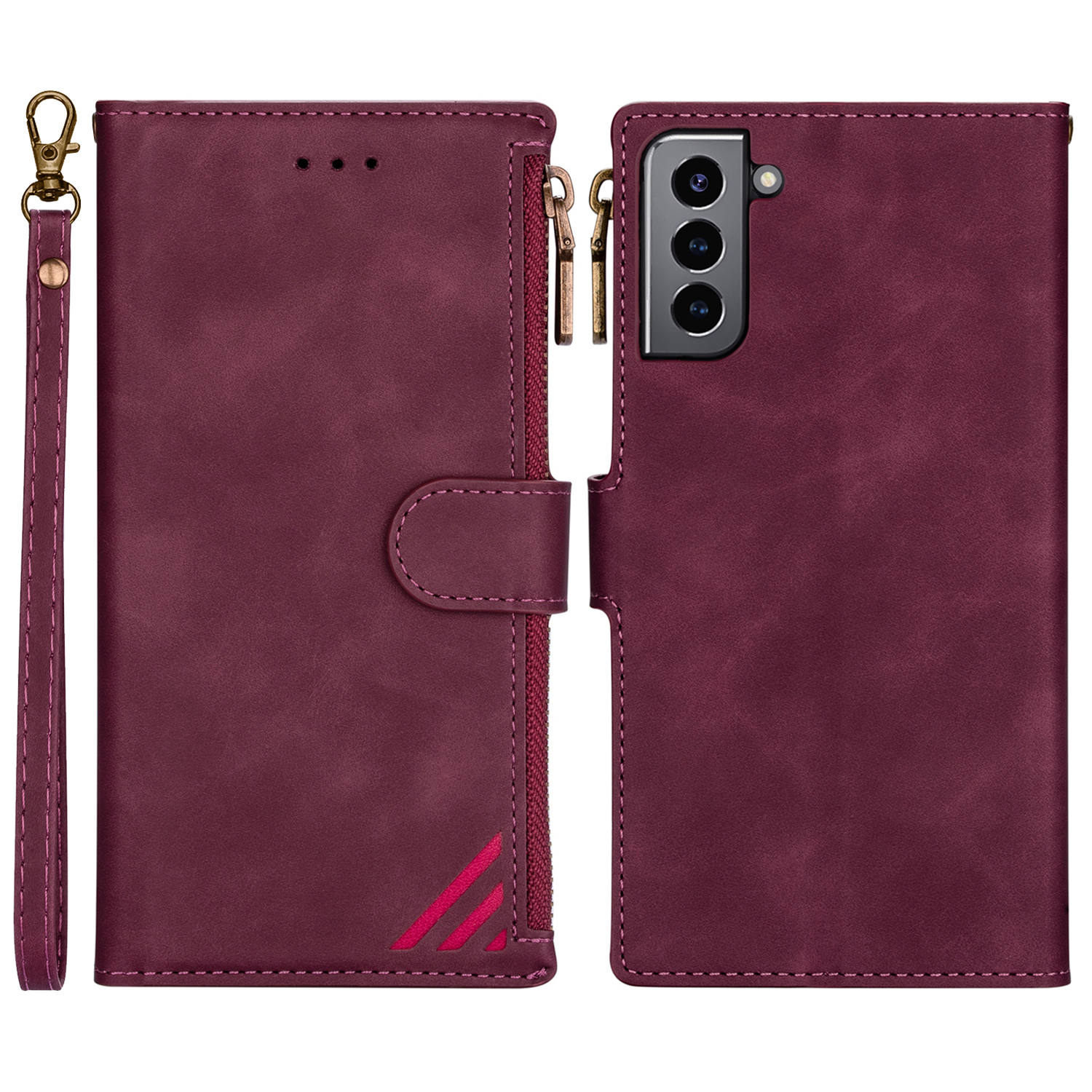 

Scratch-resistant PU Leather Case Wallet Stand Cover Shell with Zipper Pocket for Samsung Galaxy S22+ 5G - Wine Red, Galaxy S22+ 5G