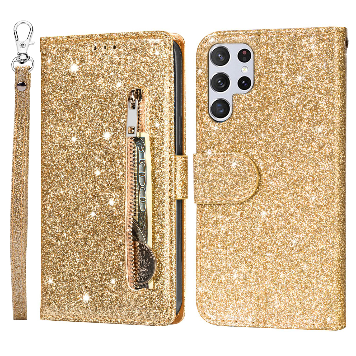 

Glitter Sequins Stylish Zipper Pocket Drop-proof Anti-scratch Flip Leather Phone Case Cover with Wallet and Stand for Samsung Galaxy S22 Ultra 5G - Gold, Galaxy S22 Ultra 5G